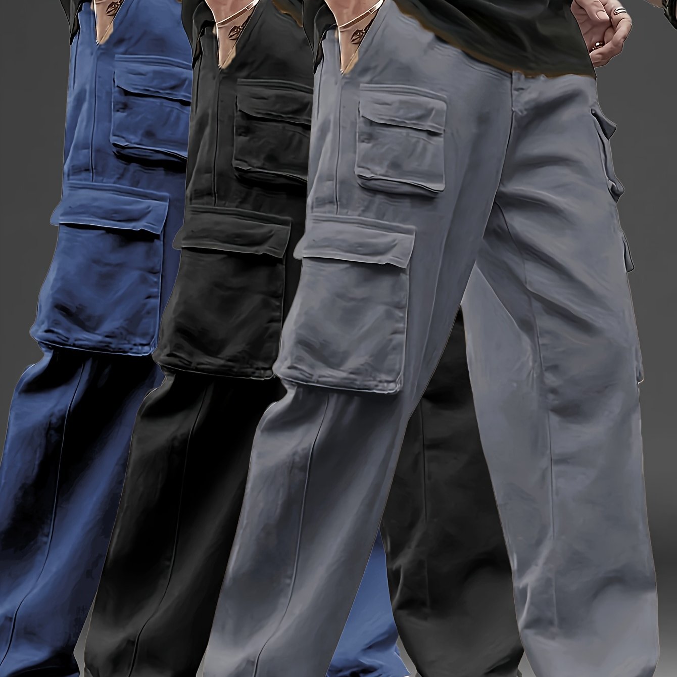 TEMU 3pcs Men's Multi-pocket Cargo Pants - Trendy Loose-fit Casual Durable Work Pants, Suitable For Outdoor Sports, Daily Wear, And Travel
