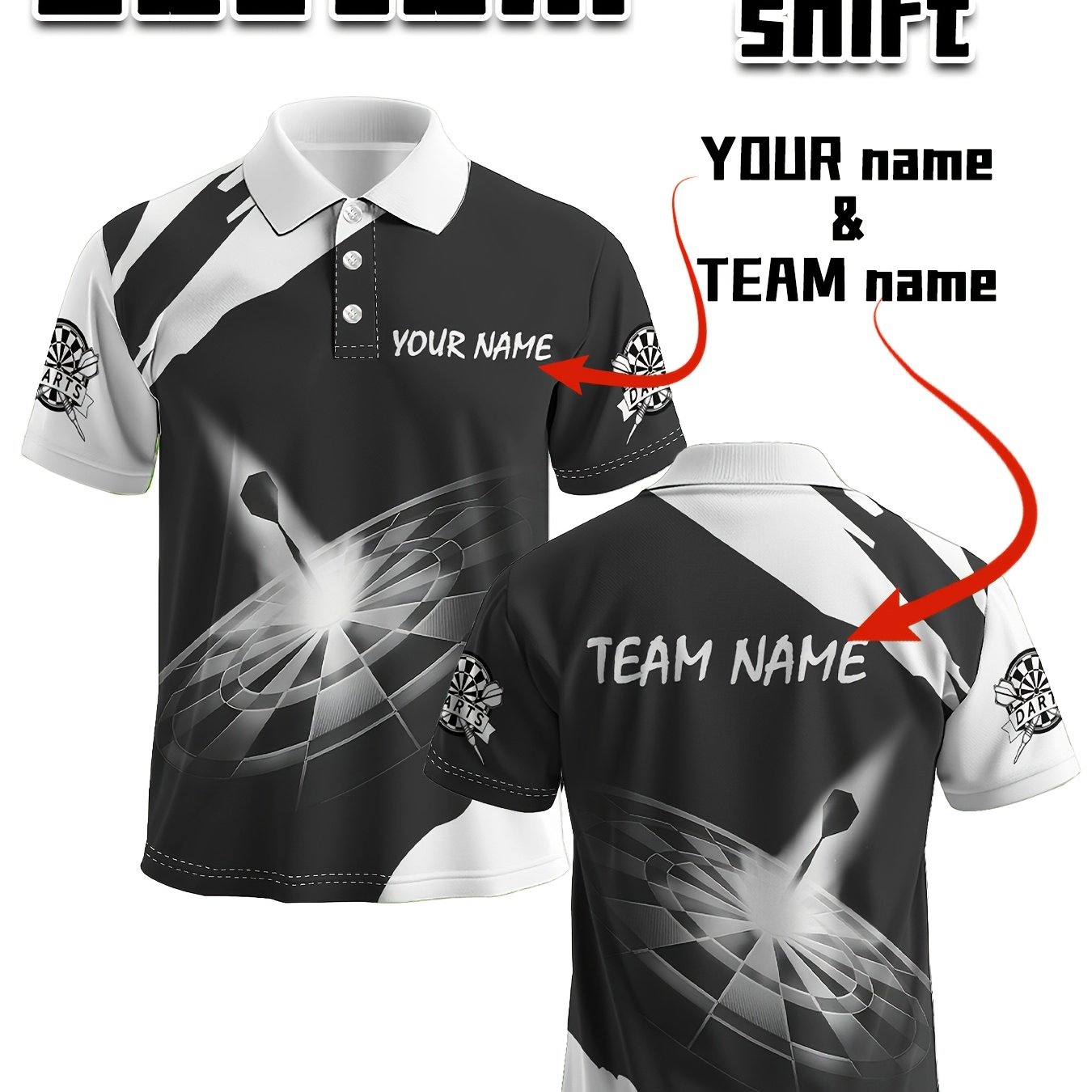 TEMU Men's Custom Darts T-shirt - Personalized Name And , 3d Dart Pattern, Breathable Summer Fabric, Lapel Style, Regular Fit For Competitions And