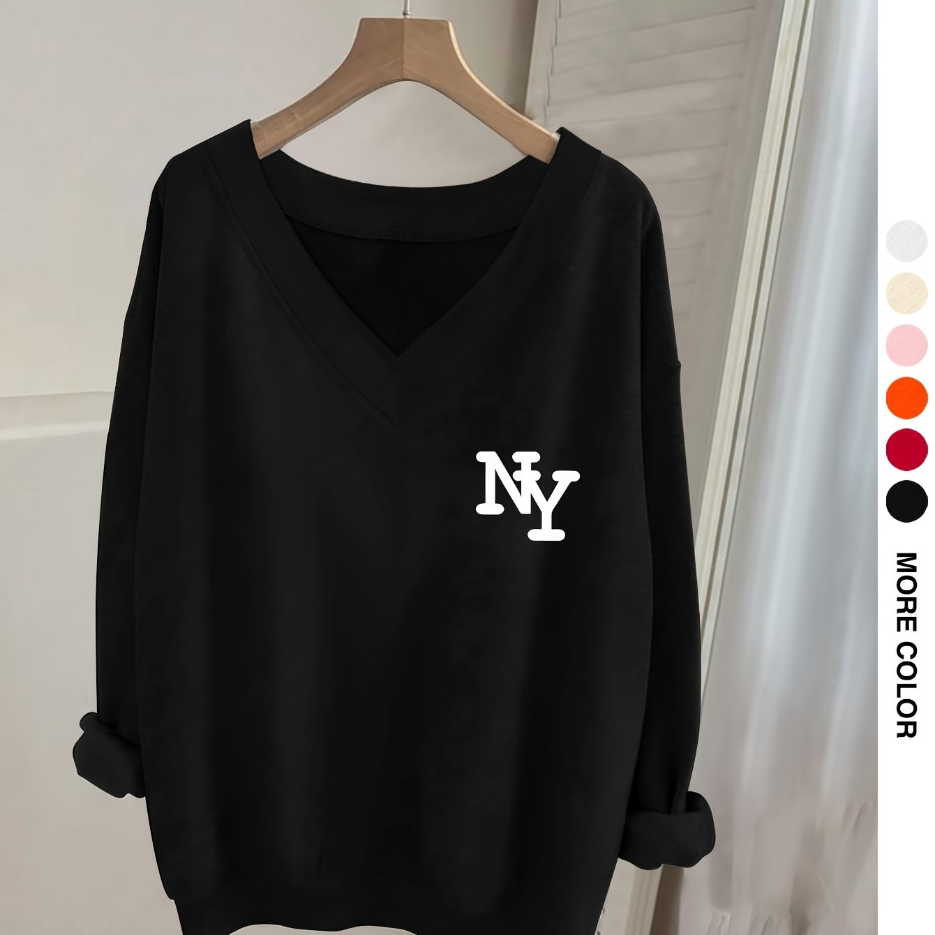 TEMU Women's V-neck Long Sleeve Sweatshirt, Ny Letter Or Layered, Ideal For Daily And