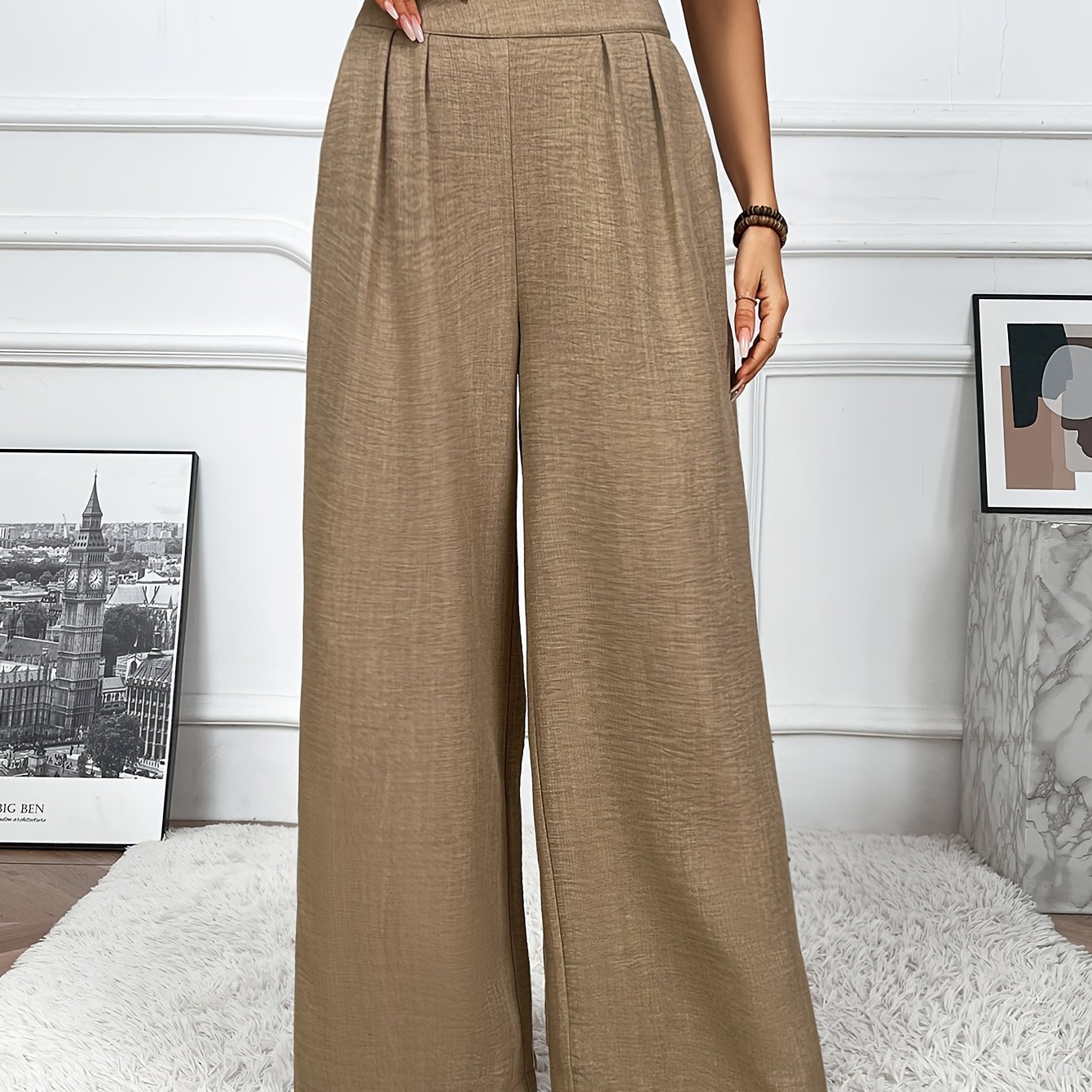 TEMU Women's Color Wide-leg Pants - High Waist, Loose Fit, Polyester, Machine Washable - Spring/summer/fall