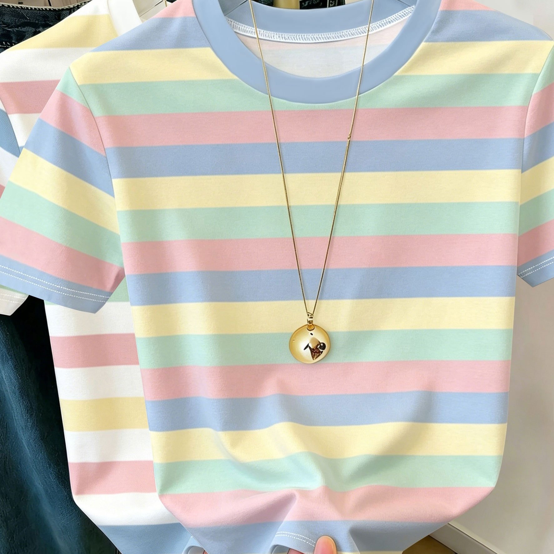 TEMU 2-pack Women's Striped Printed Crew Neck Short Sleeve T-shirt Tops