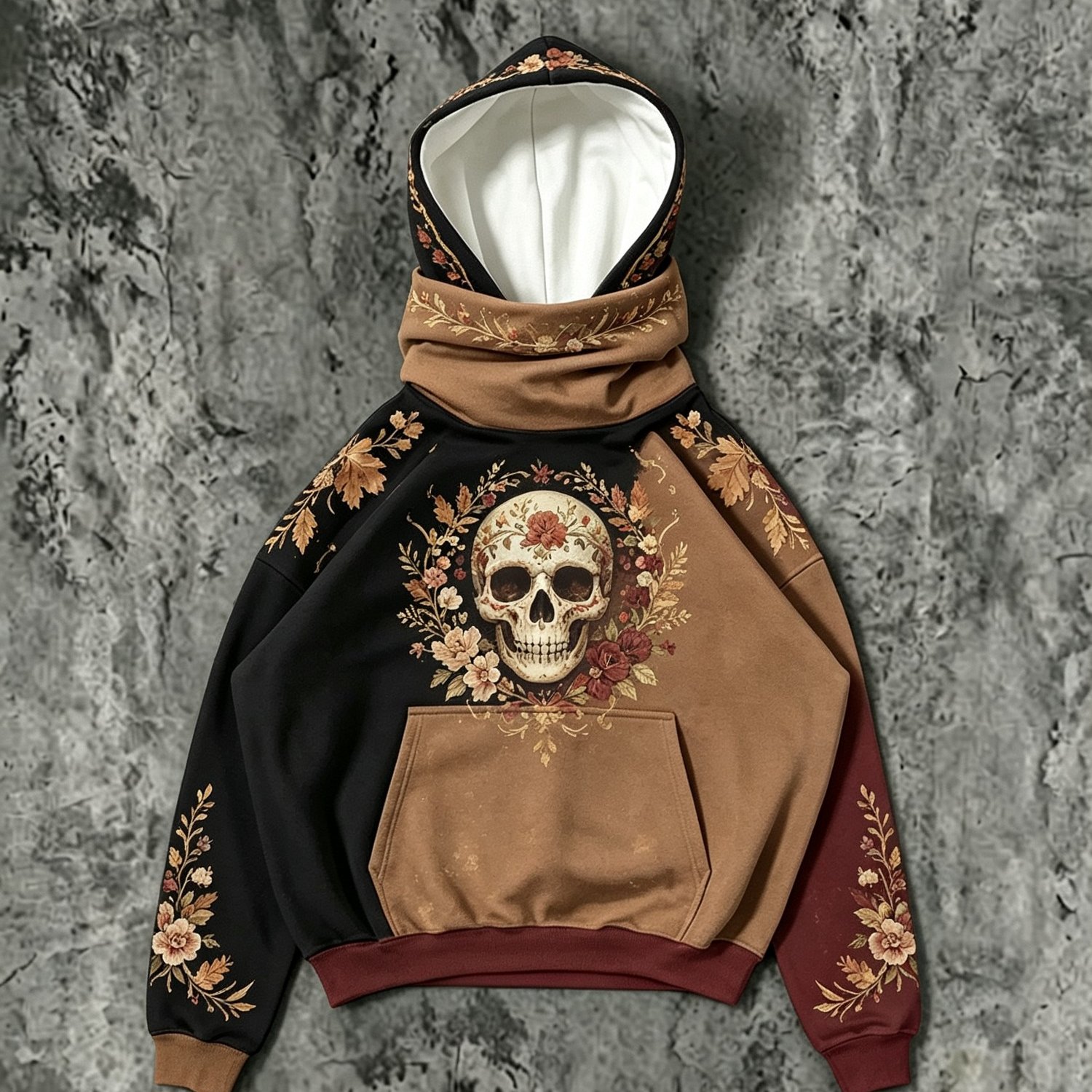 Image of Men's Hoodie With Unique Skull & Floral Pattern, High - Necked Hood With White Lining, Perfect For Halloween Outfits, Ideal Gift, Polyester Fabric With Thin Fleece, With Scarf