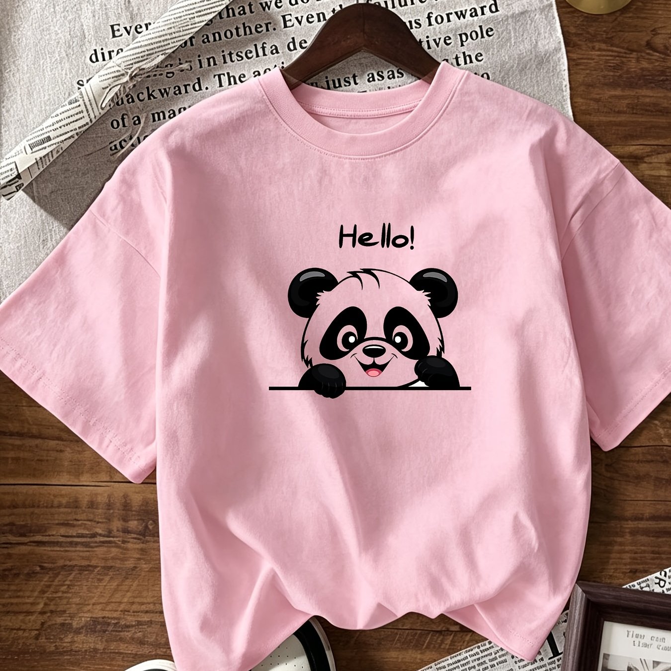 Image of Women's Hello Panda Peek--boo T-shirt - Cute Panda Print Short Sleeve Crew Neck Top, Loose Fit Casual Tee Suitable For Casual Attire, Machine Washable -line Shirt For - Outfits
