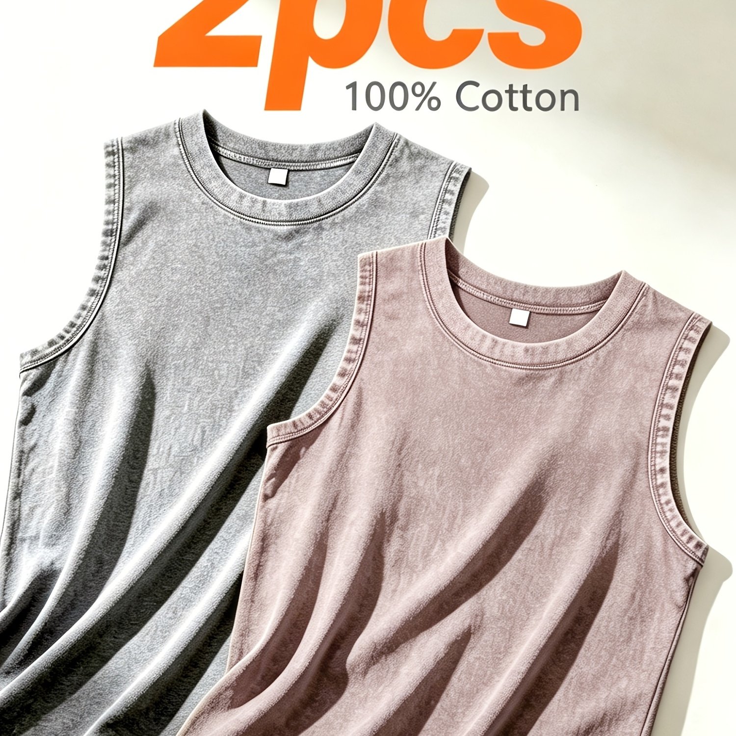 TEMU Two-piece Sleeveless Vest Set, 100%, Vintage Washed, Round Neck, Loose-fitting Top - Solid Color Y2k Street Style Suitable For Fitness, Daily