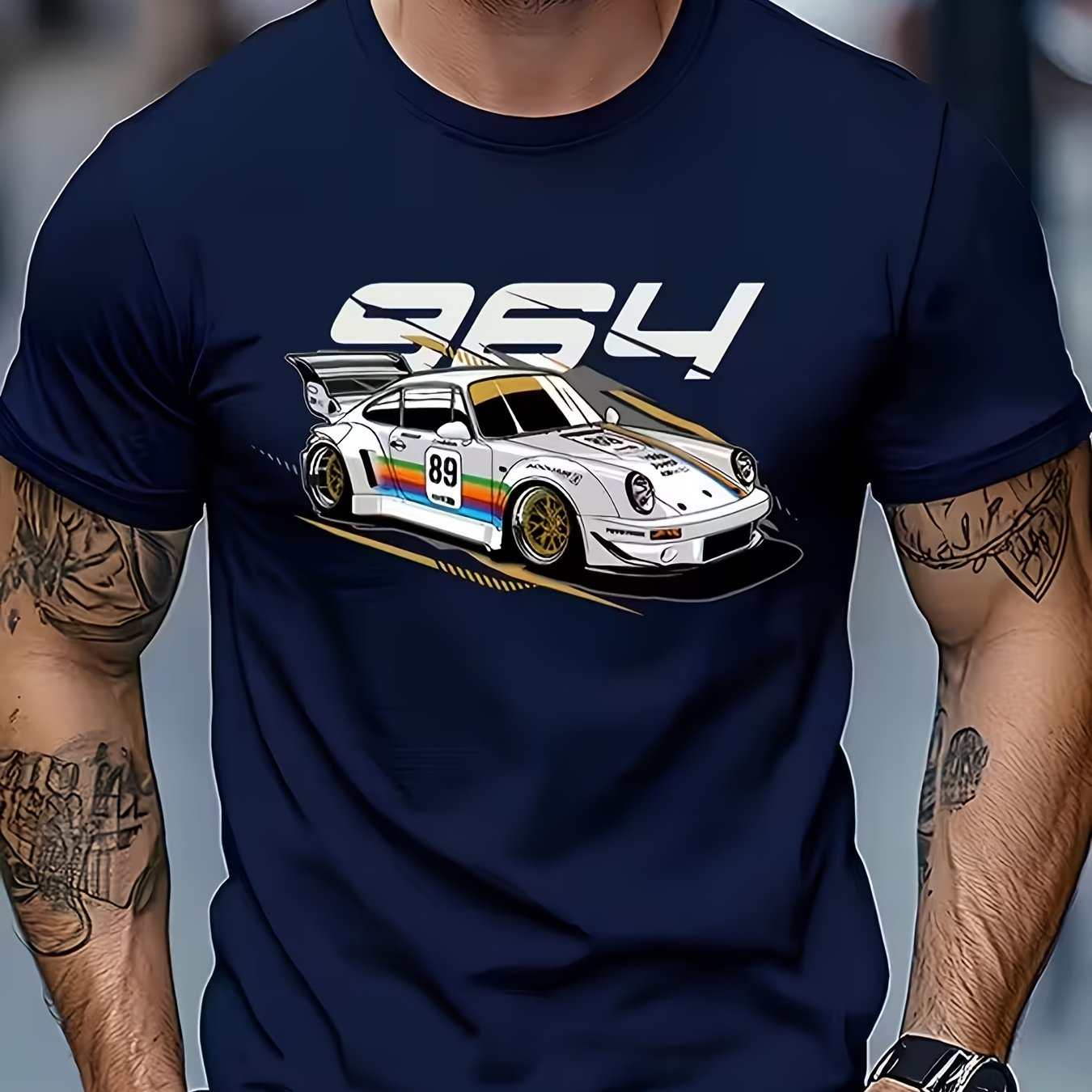 Moška majica z vzorcem 964 Racing - dihajoča poletna kratka rokava z drznim napisom 'S24' in barvitimi črtami, modni trend, običajna prileganje