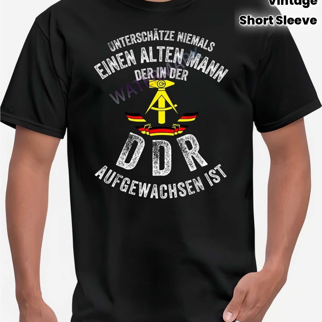 Image of Men's Retro Ddr Graphic T-shirt - Don't The Elderly With Ddr Motto & East German - Black Casual Short Sleeve Shirt - Machine Washable Regular Fit, Wear, Funny Slogan Top, Classic Round Neck Plus Size
