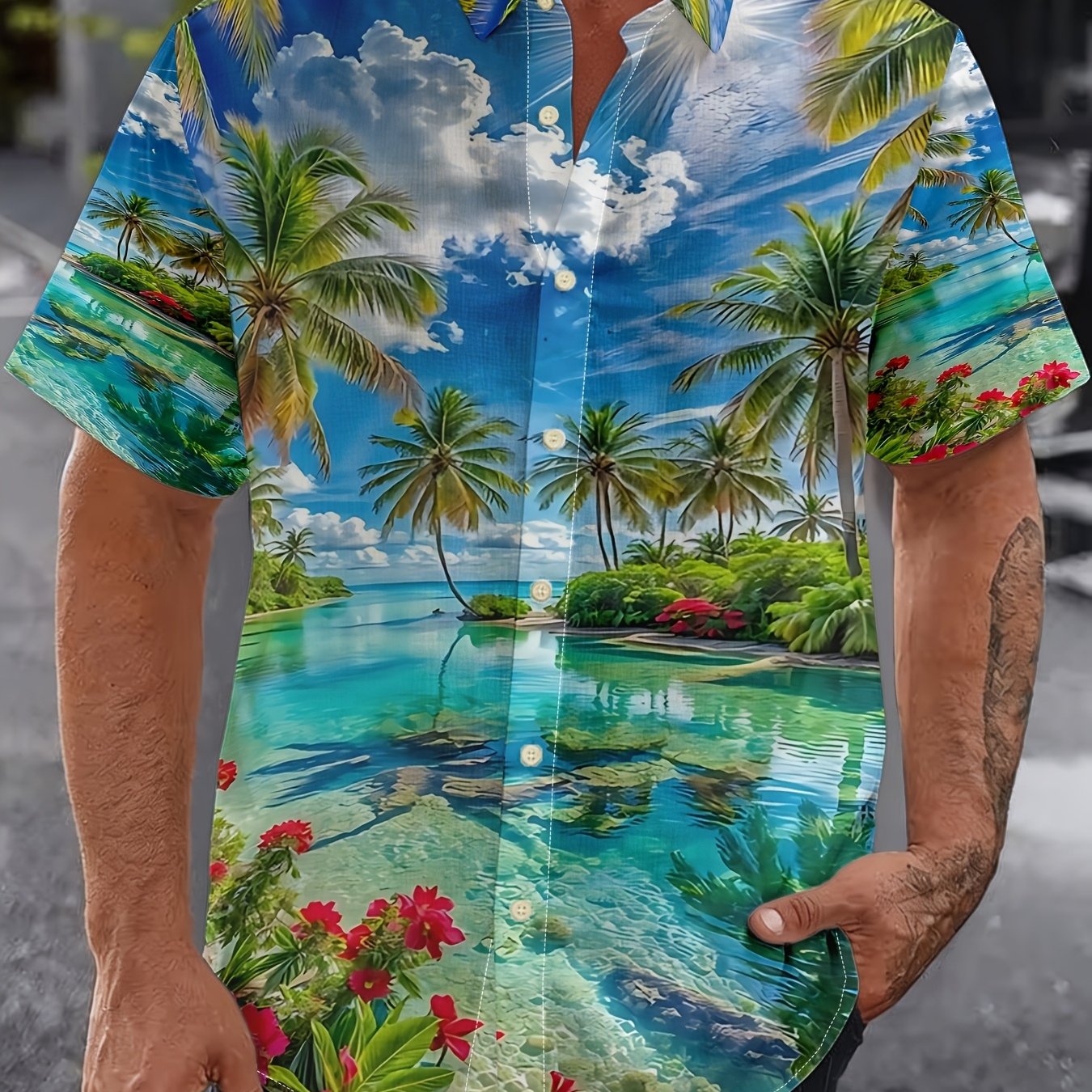 TEMU Tree An Scenery Print Men's Short Sleeve Shirt Beach Vacation Casual Wear Men's Summer Outfit Perfect Gift For Father's Ay An Holiays