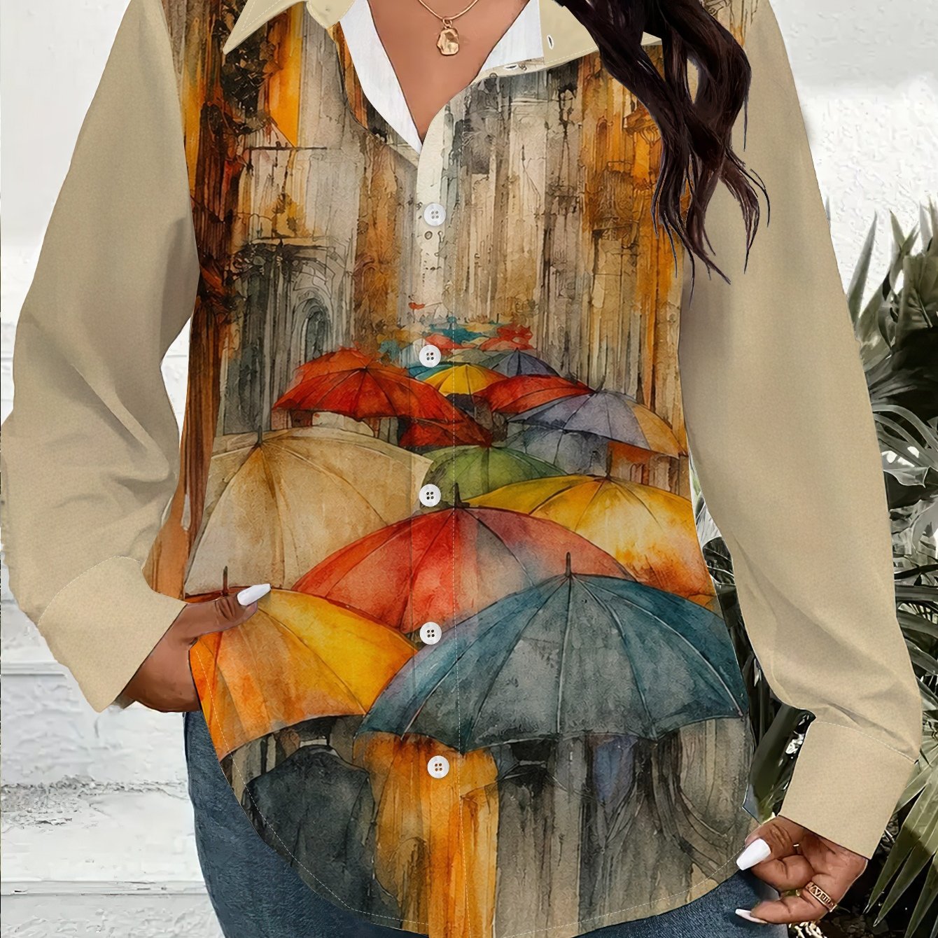 TEMU Women's Plus Size Blouse Button Shirt Collared Long Sleeve Top With Abstract Umbrella Print - Loose Fit Lightweight Breathable Blouse Suitable