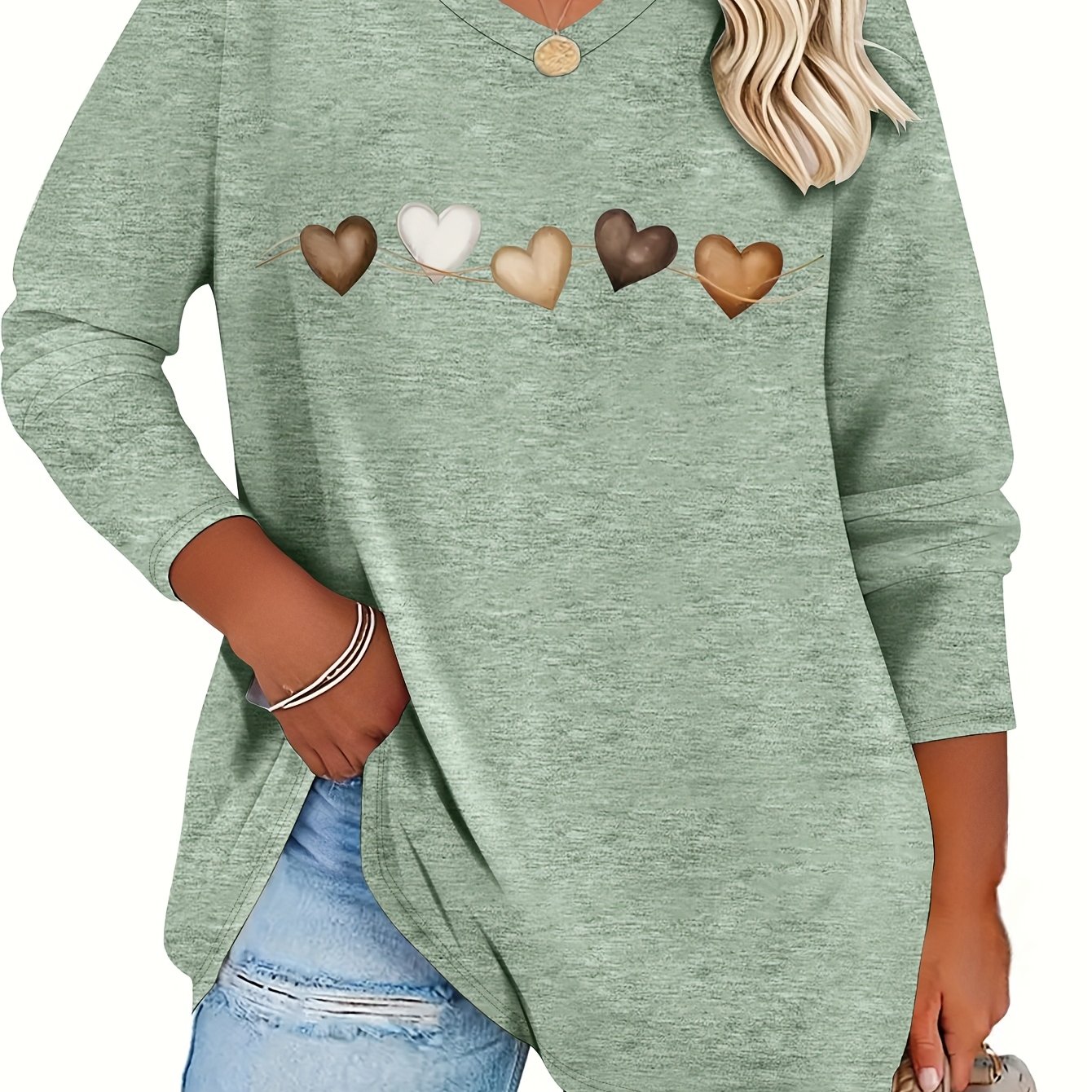 TEMU Plus Size - Plus Size - And Summer Plus Size Women's Fashion Pattern Easy Heart V-neck Long-sleeved T-shirt, Rayon Component - To Care For,