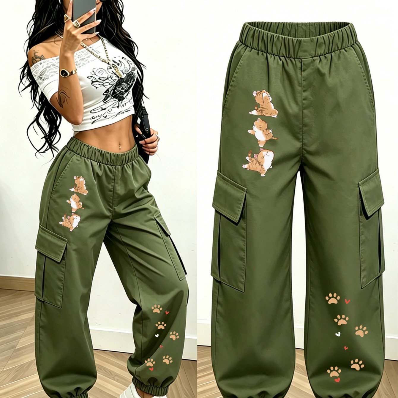 TEMU Women's Long Pants (sold As Single Piece), 3-pack Stacked Orange Cats And Paw Print Heart Pattern Cargo Pants, Women's Elastic High-waist