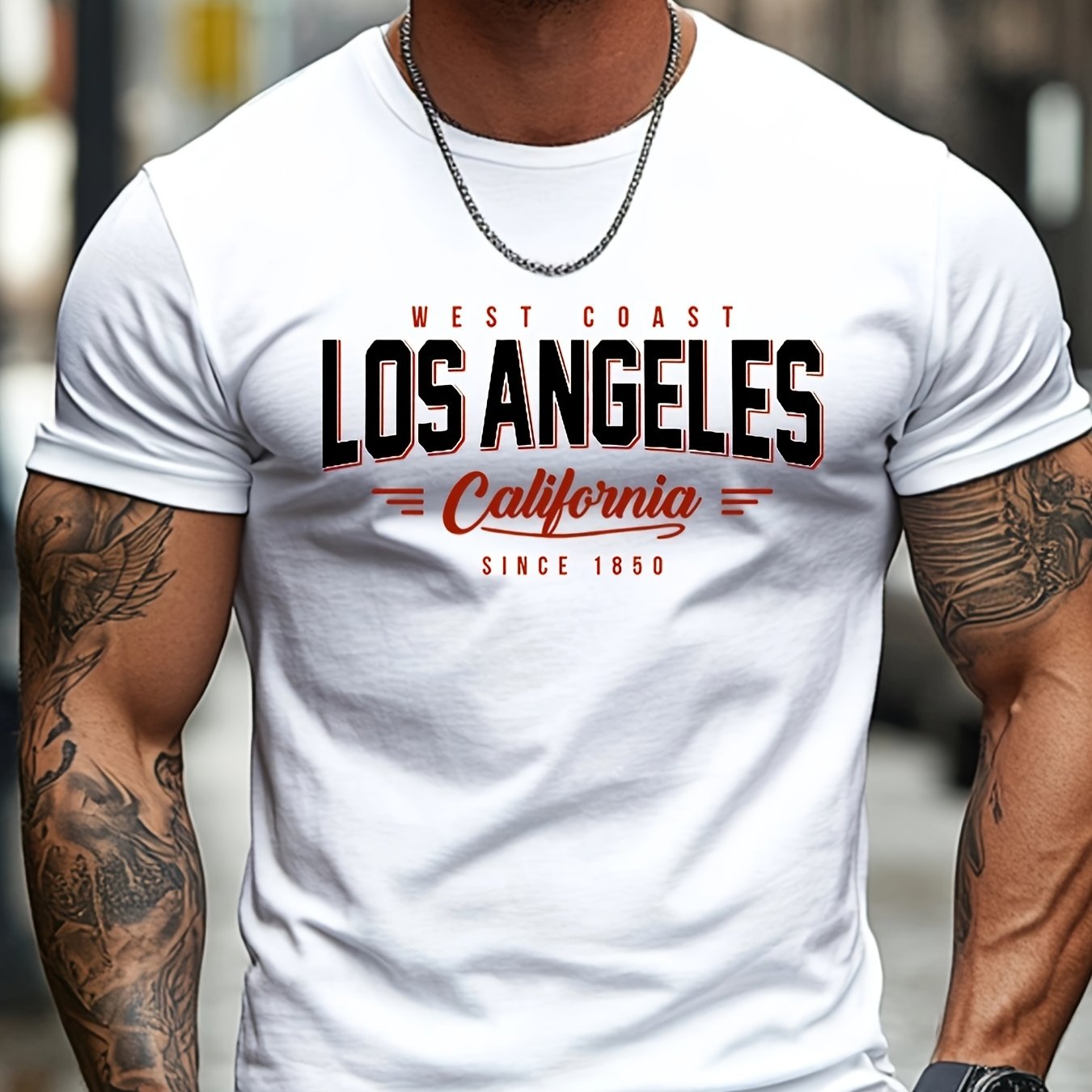 Image of Western Fashion Trendy Casual Ins Los Angeles City Name Easy Creative Print Men's Short Sleeve Shirt, Round Neck