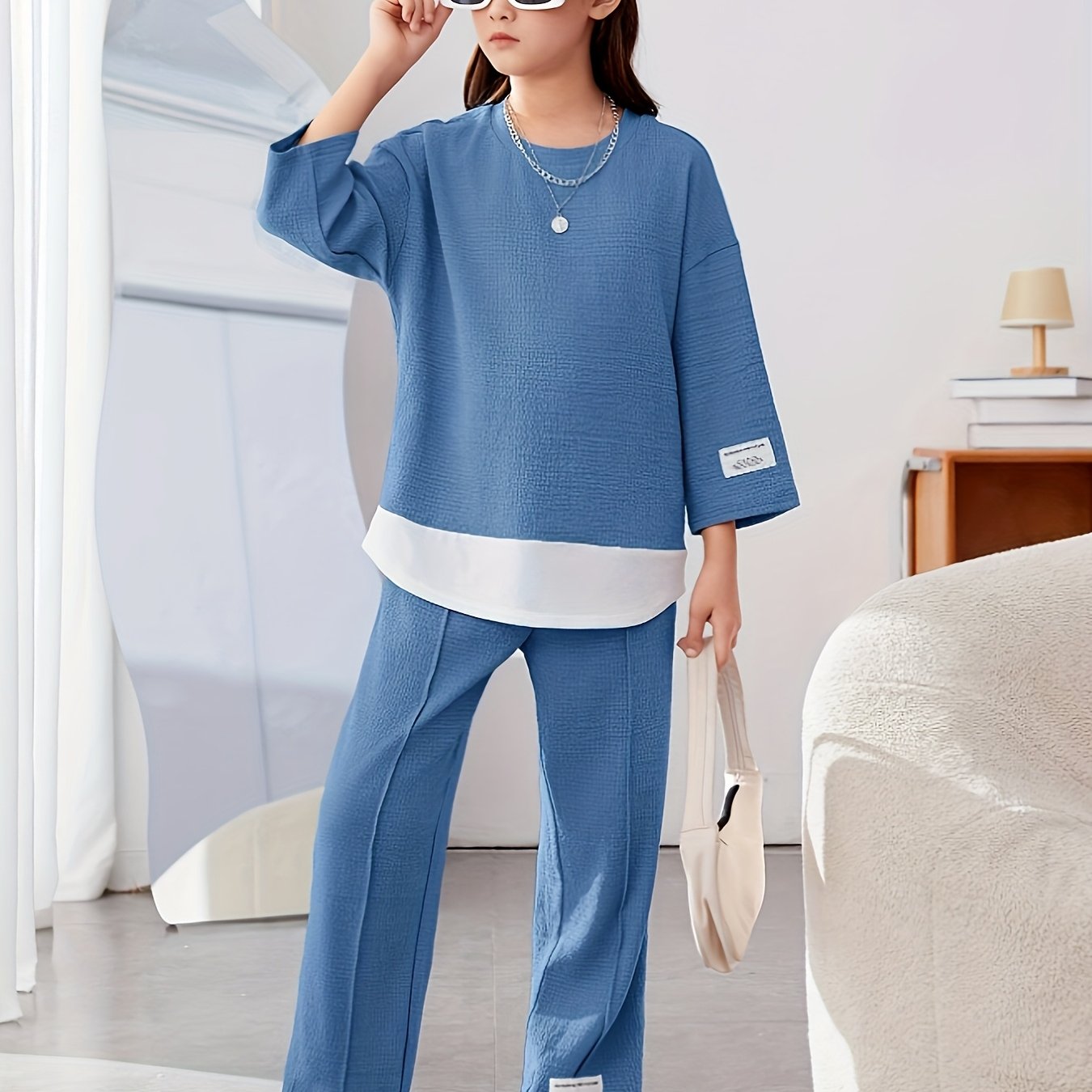 Image of New European And American Girls' Textured Zhangzai 9-inch Sleeve Top And Fashionable Textured Zhangzai Long Pants Two-piece Set Suitable For Outdoor Activities, Christmas, Halloween