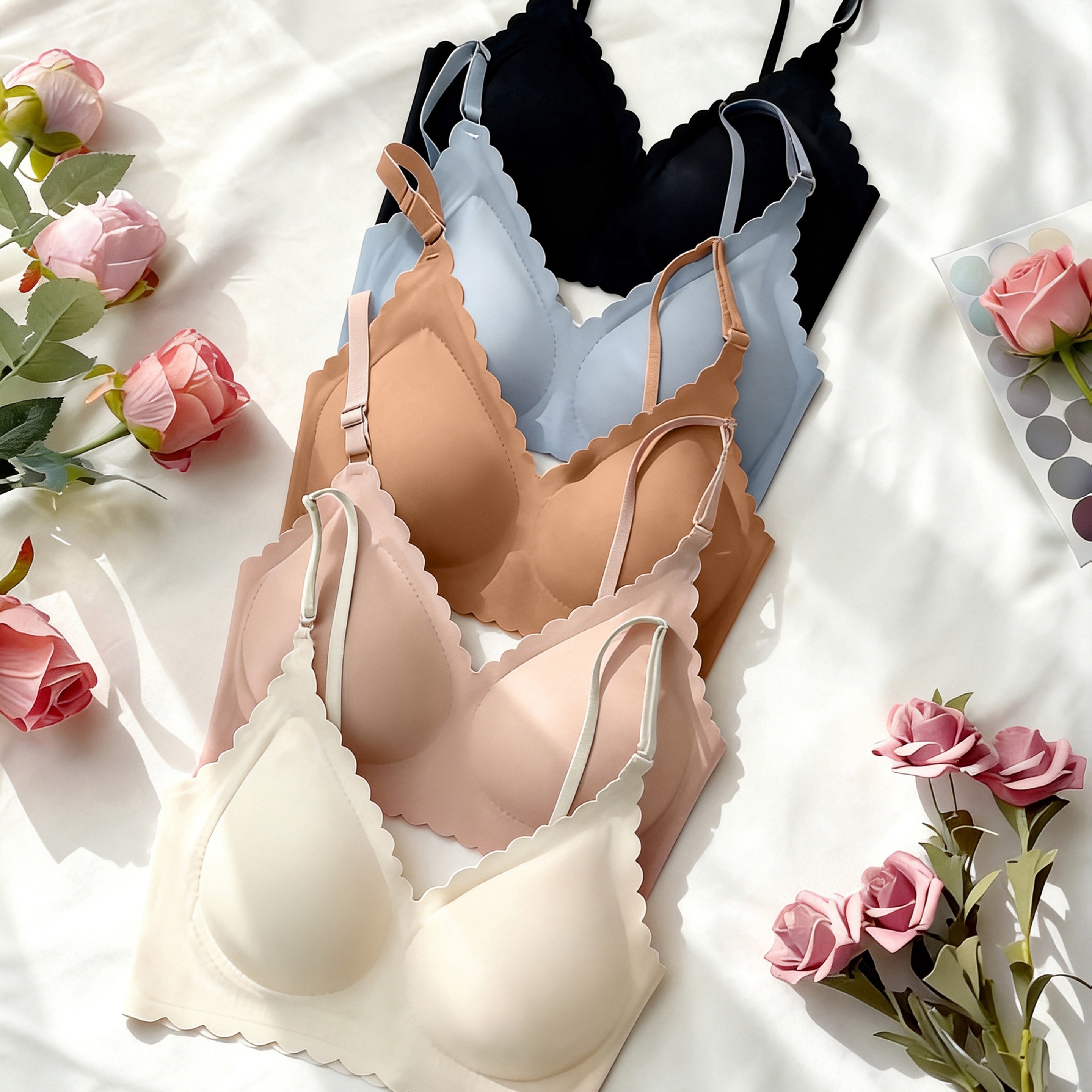 TEMU 5pcs Set Women's Wavy Seamless Bra Bra Removable Padding Adjustable Straps Bra Breathable Wireless Bra Soft V-neck Yoga Running Women's Lingerie