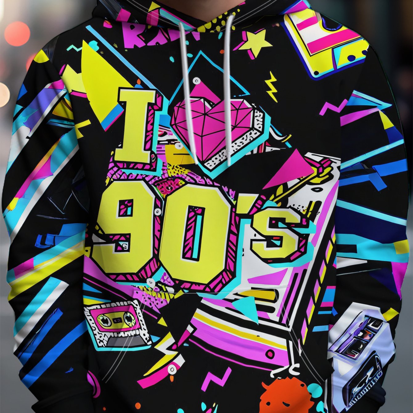 TEMU Men's 2026 Retro 90s Style Pattern Sweatshirt, Vintage Cassette Tape Print Long Sleeve Round Neck Casual Fashion Top, Street Hip-hop Style