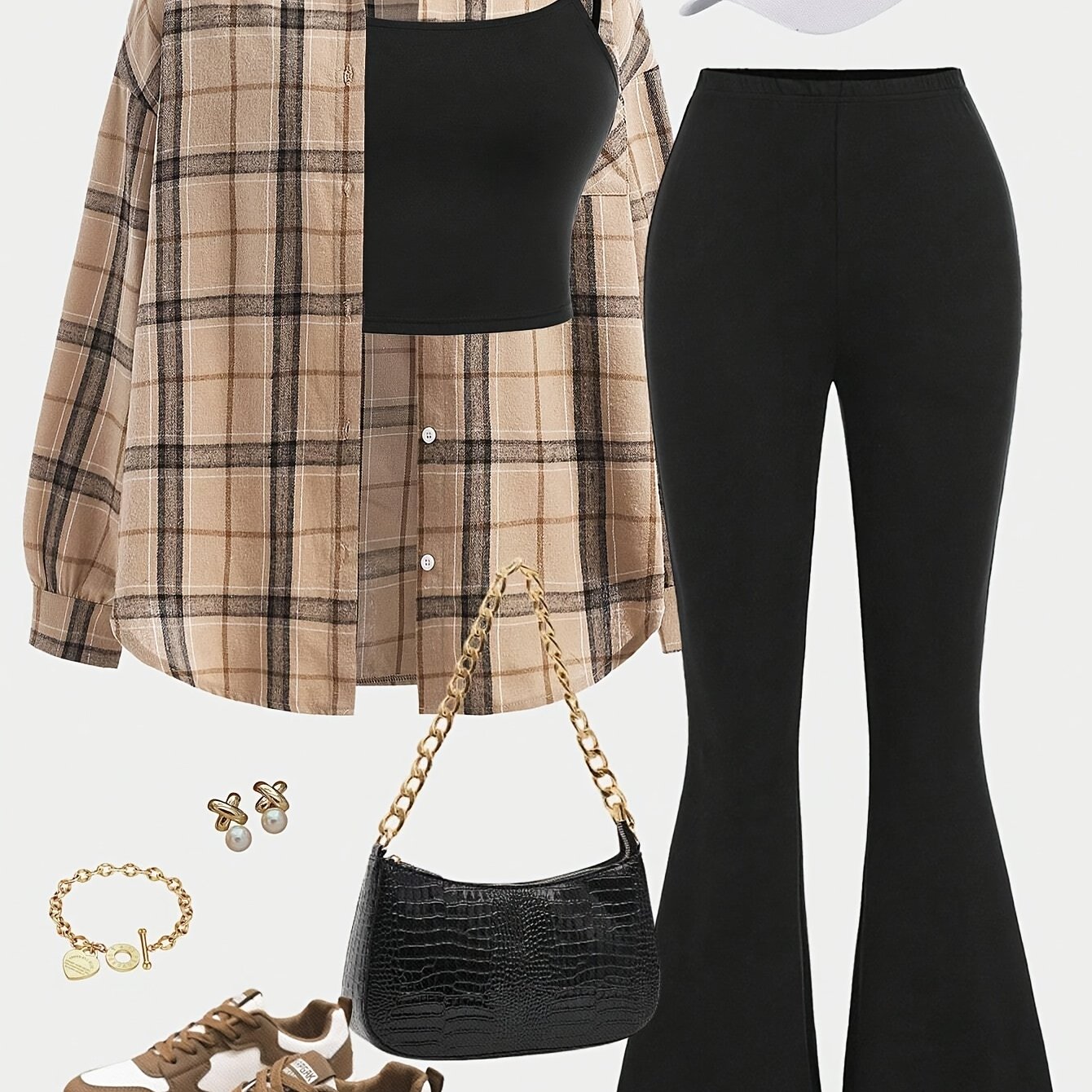 Dp010599 + Vika Directional Khaki Check Long Sleeve Shirt, Black Cami Short Top, Flare Pants 3pcs Set