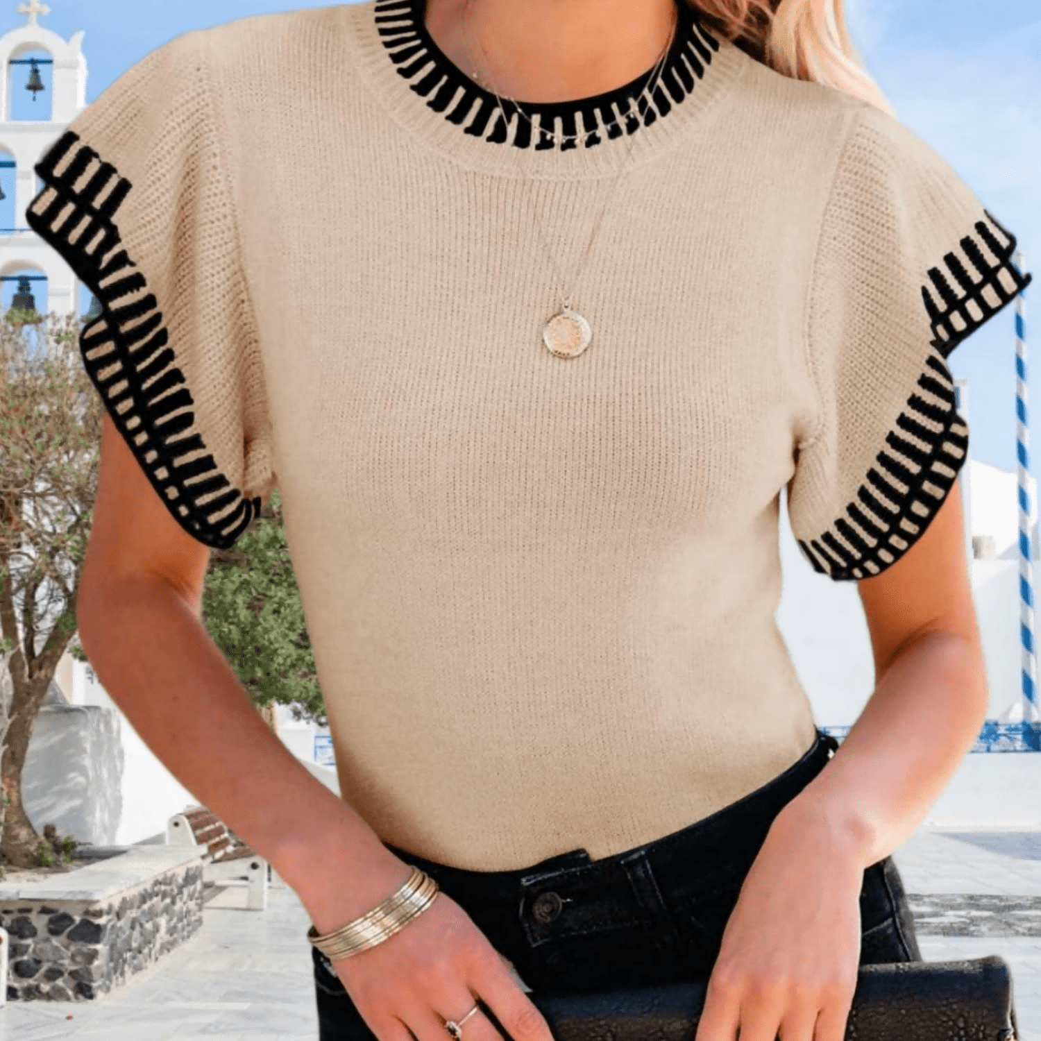 Women's Loose Lightweight Striped Ruffle Sweater Summer Short Sleeve Crew Neck