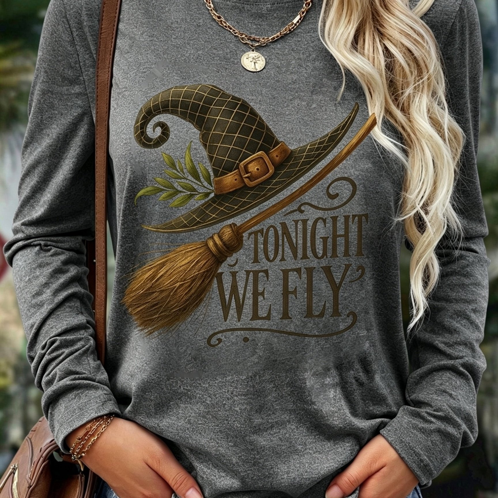 TEMU Plus Size, Plus-size Halloween Witch Hat Blend Women's Long-sleeve Round-neck T-shirt, Printed Design, Machine Washable And Breathable, Suitable