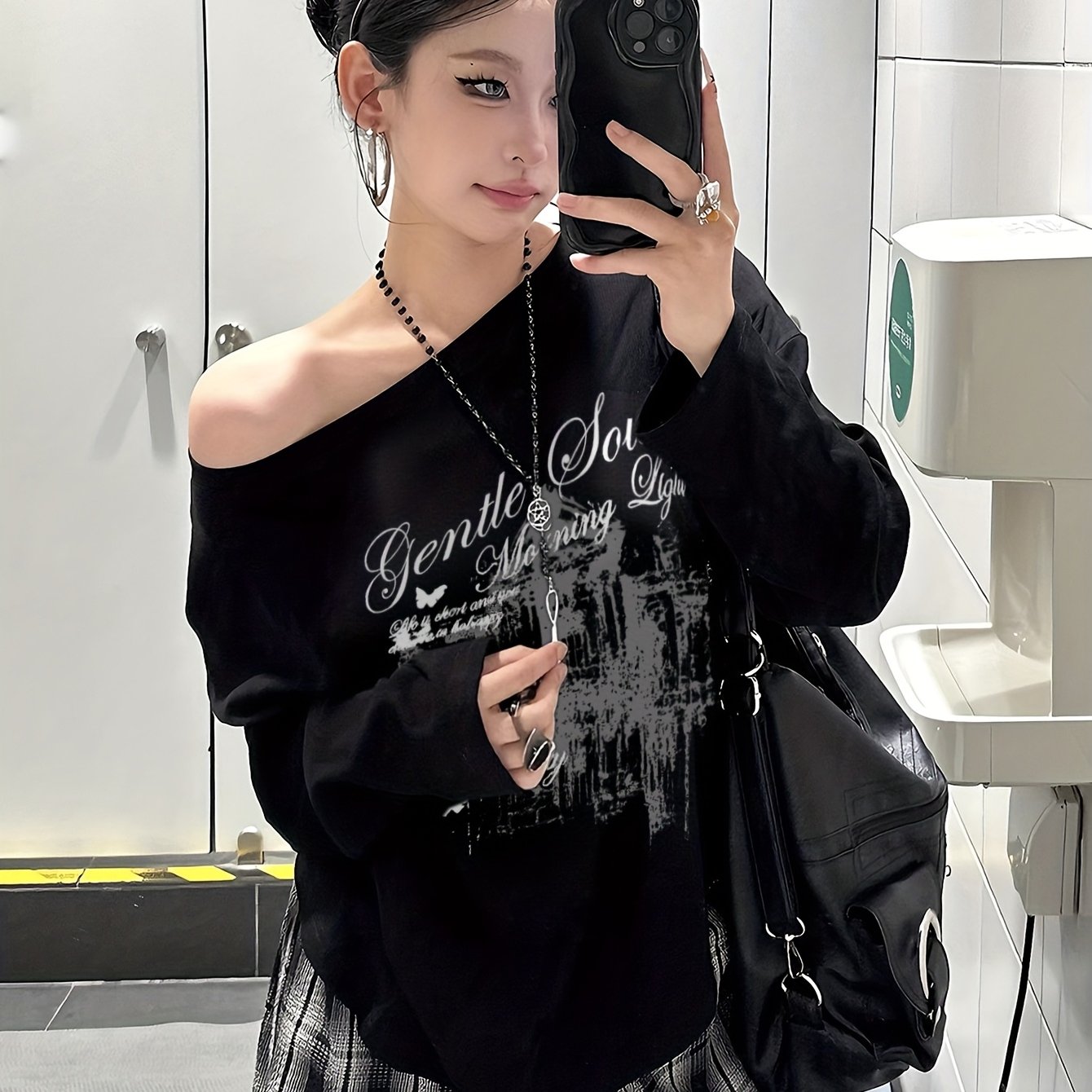 TEMU Women's Trendy Loose--shoulder One-shoulder Neck Long-sleeve Base Layer T-shirt