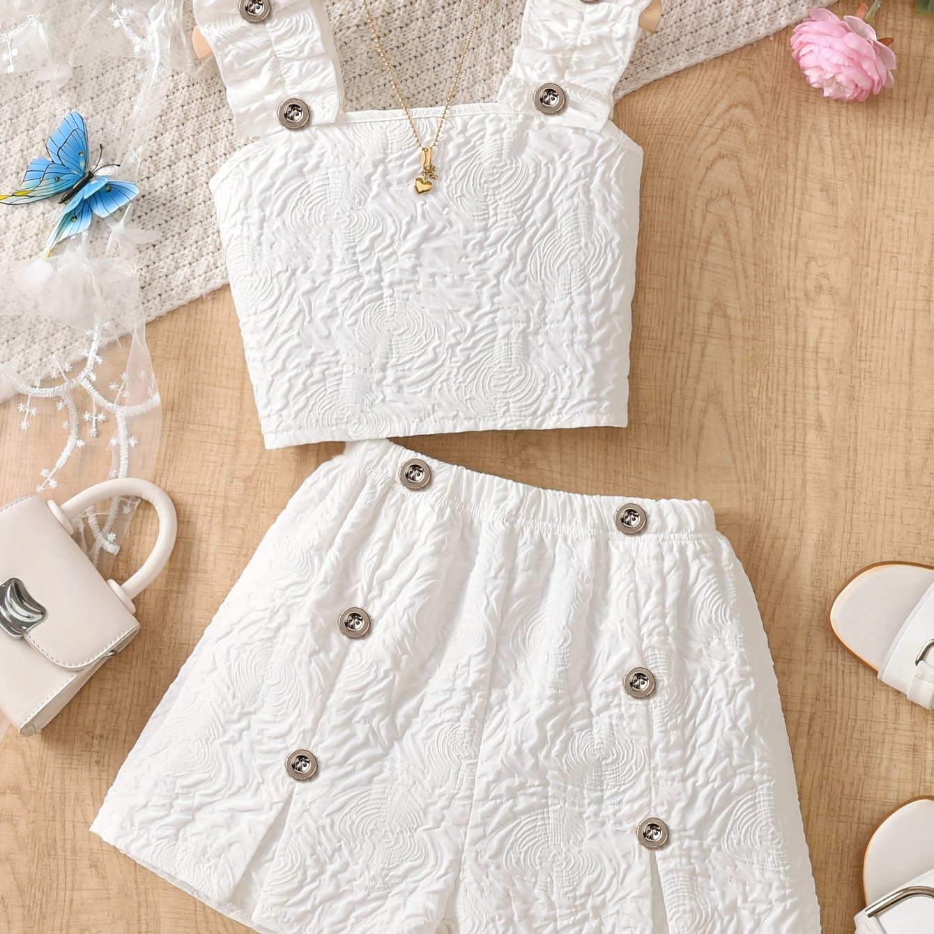 Image of Teen Girl' Color Textured Camisole T-shirt And Shorts Set With Decorative Button Design, Fashionable Outfit, Perfect For Outdoor