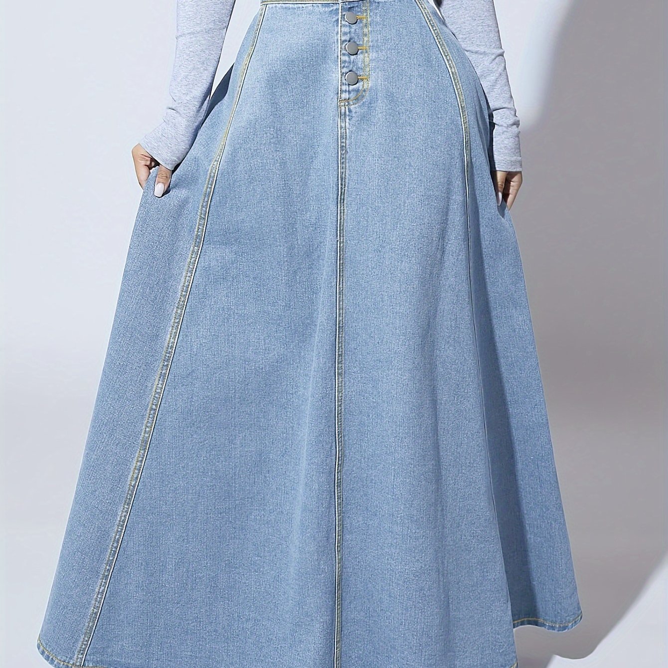 Image of 25aw+ Retro Row Design Single-row Heavy-duty Denim Skirt Women's High-waisted A-line Umbrella Skirt Retro Style Large Swing Long Skirt Without Elasticity Note The Size