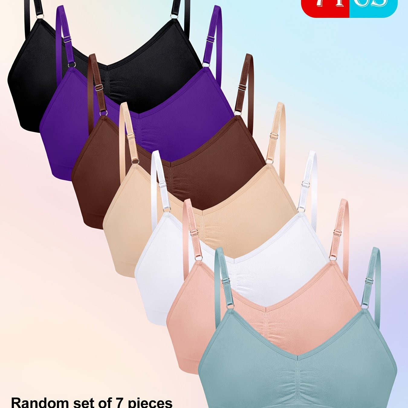 7pcs Set Of Random Color Women' Camisole Bra, Single-layer Without Breast Pads, Adjustable Shoulder Straps, Camisole Bra