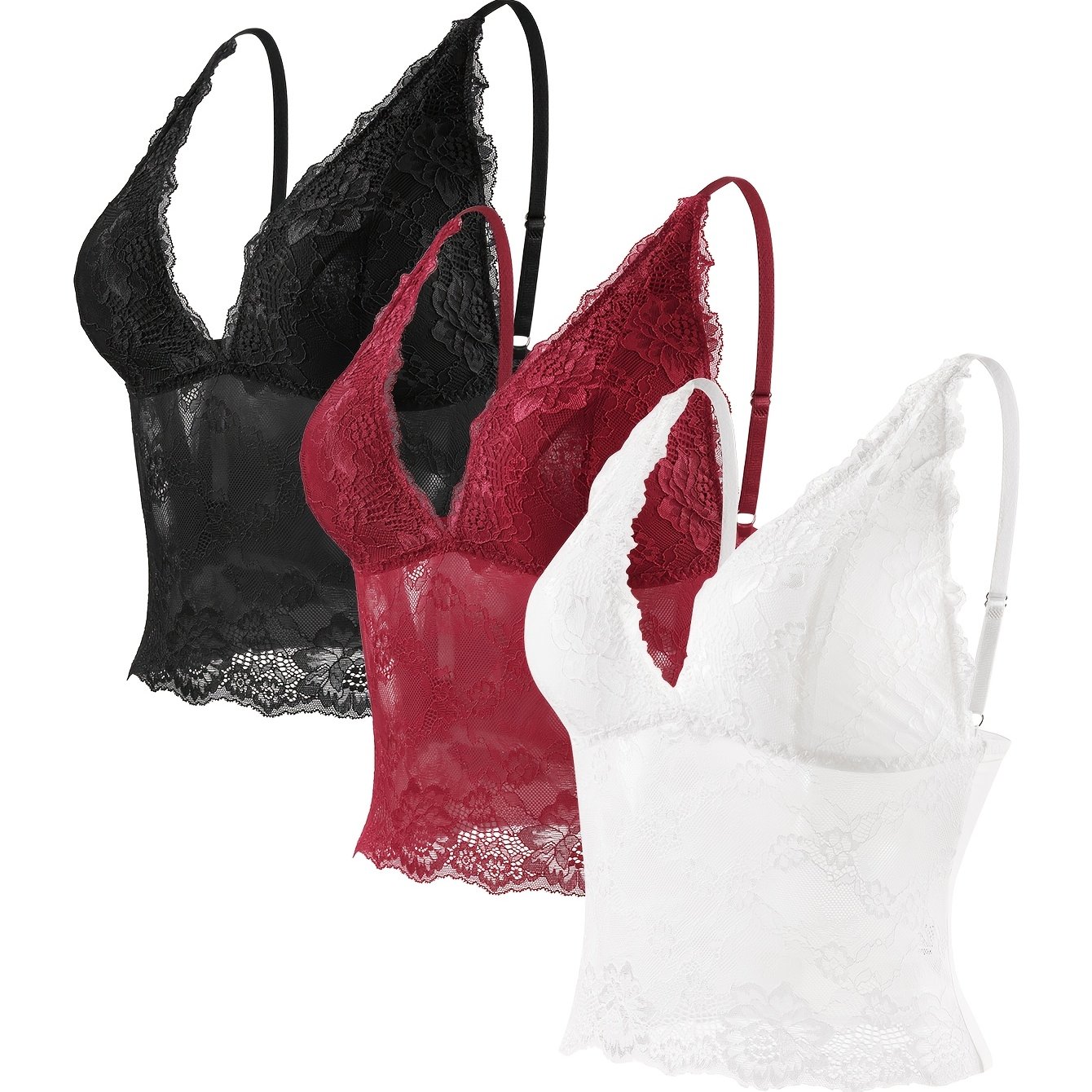 E-shop 3er-Pack Damen Spitzen-Camisole! Französisches Dreieck-Tanktop, einlagig, ohne Brustpolster oder Stahlring, Unterwäsche mit floralem