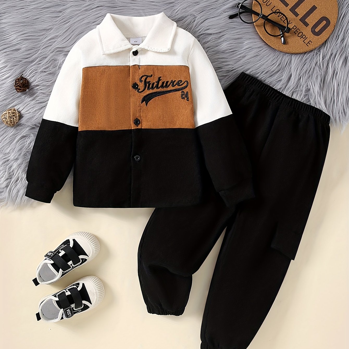 Autumn-winter Boys' Letter Embroidered Corduroy Jacket + Solid Color Long Trousers Two-piece Set, Perfect For Outdoor