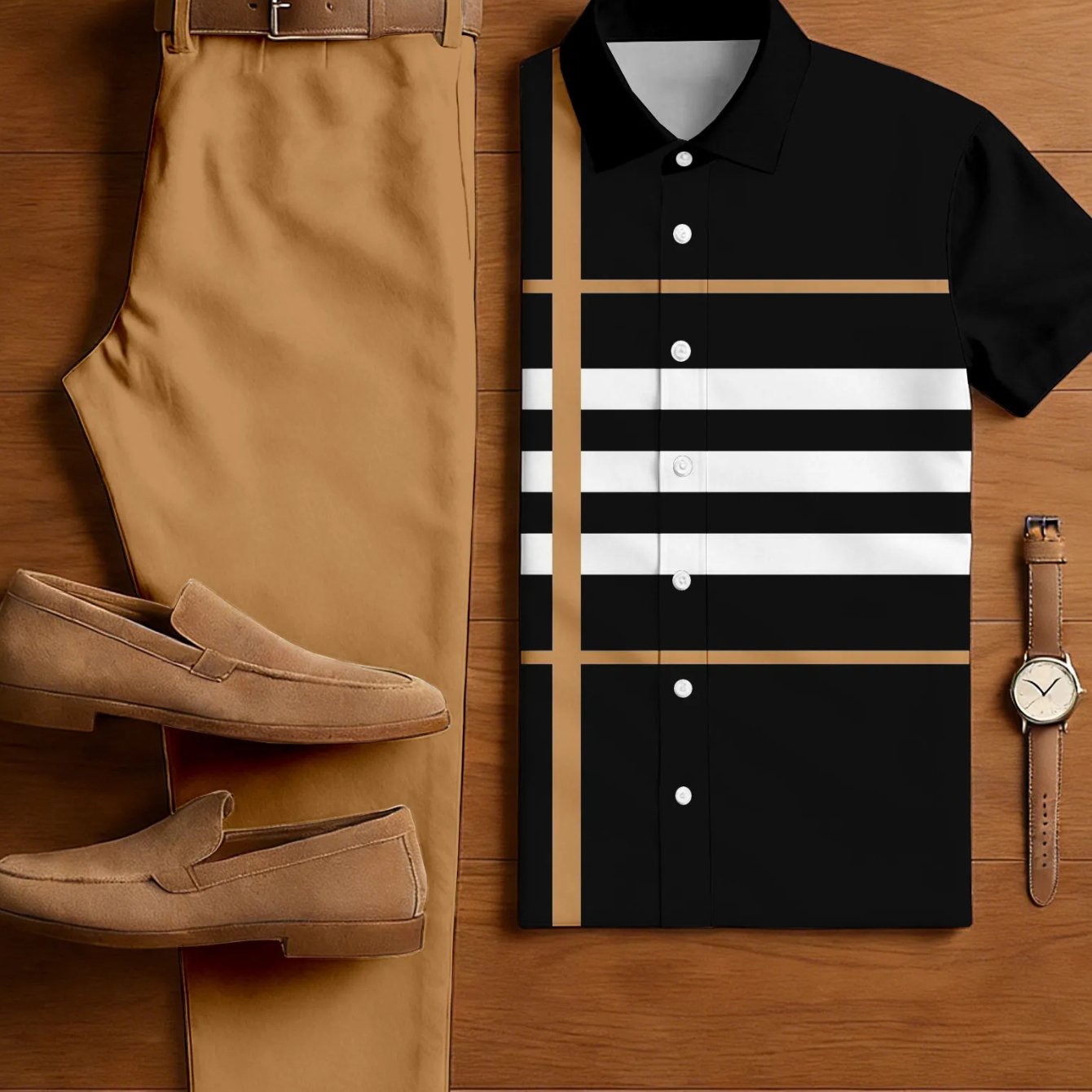 Image of Two-piece Set [summer New] Men's Casual Fashion Loose Shirt And Pants Set Sports Suit - Short-sleeve Button-up Top And Pants