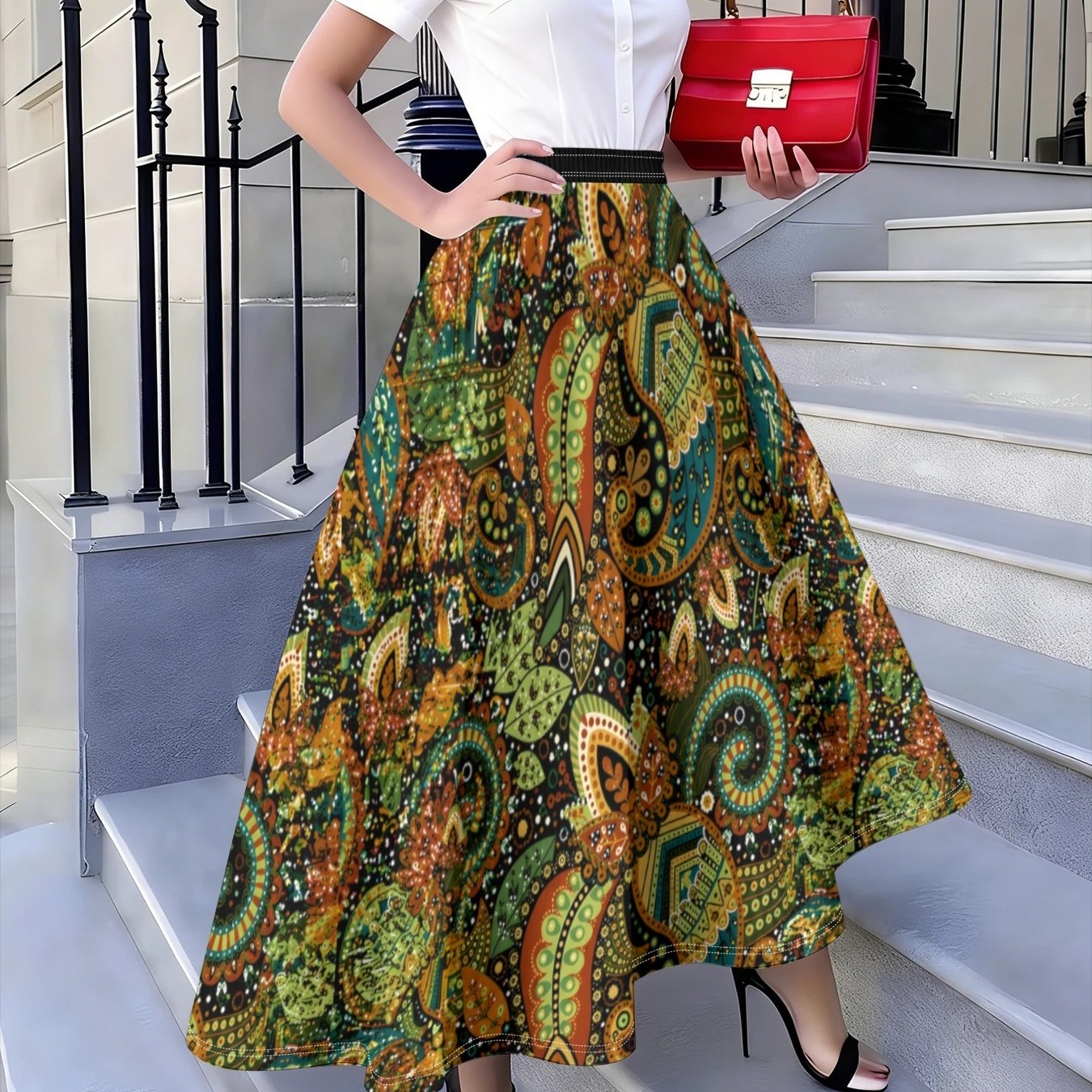 TEMU Summer Women's Retro Green Paisley Print Midi A-line Skirt, High-waisted Elastic Waistband Design, Soft Lines To Show Height And Effect, Draping