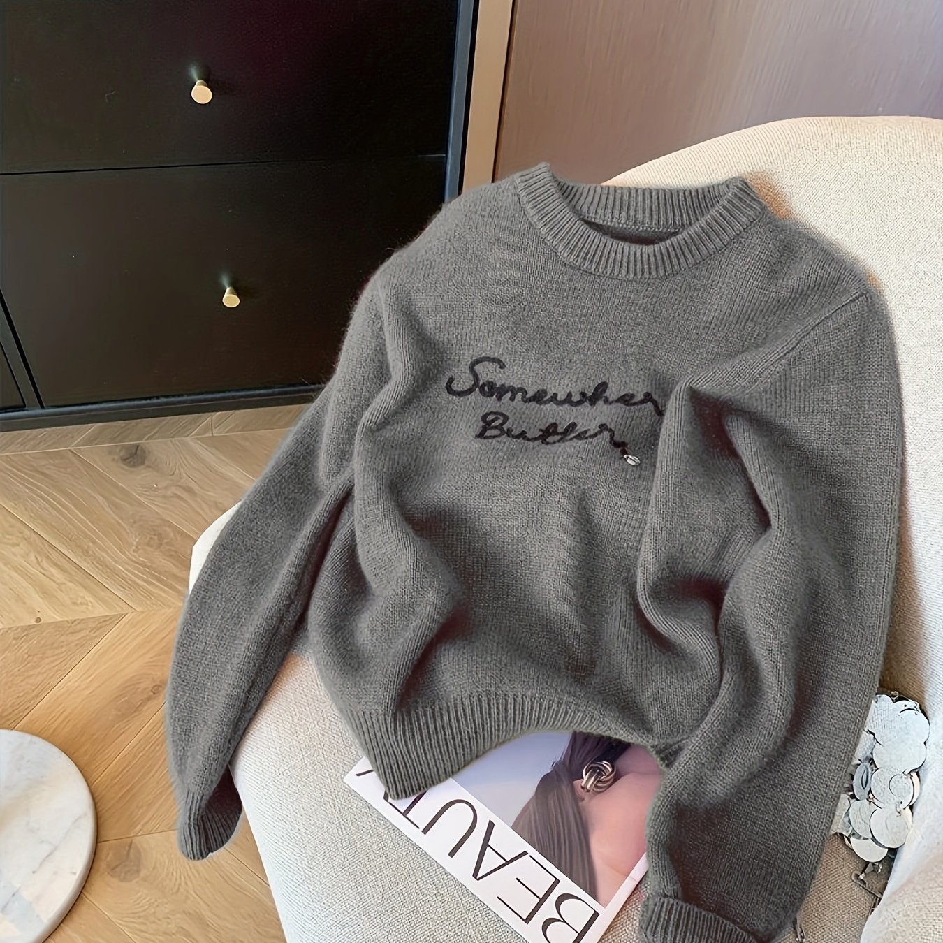 TEMU 【商品名】刺繍入り ソフトワックス セーター レディース 秋冬デザイン セーター