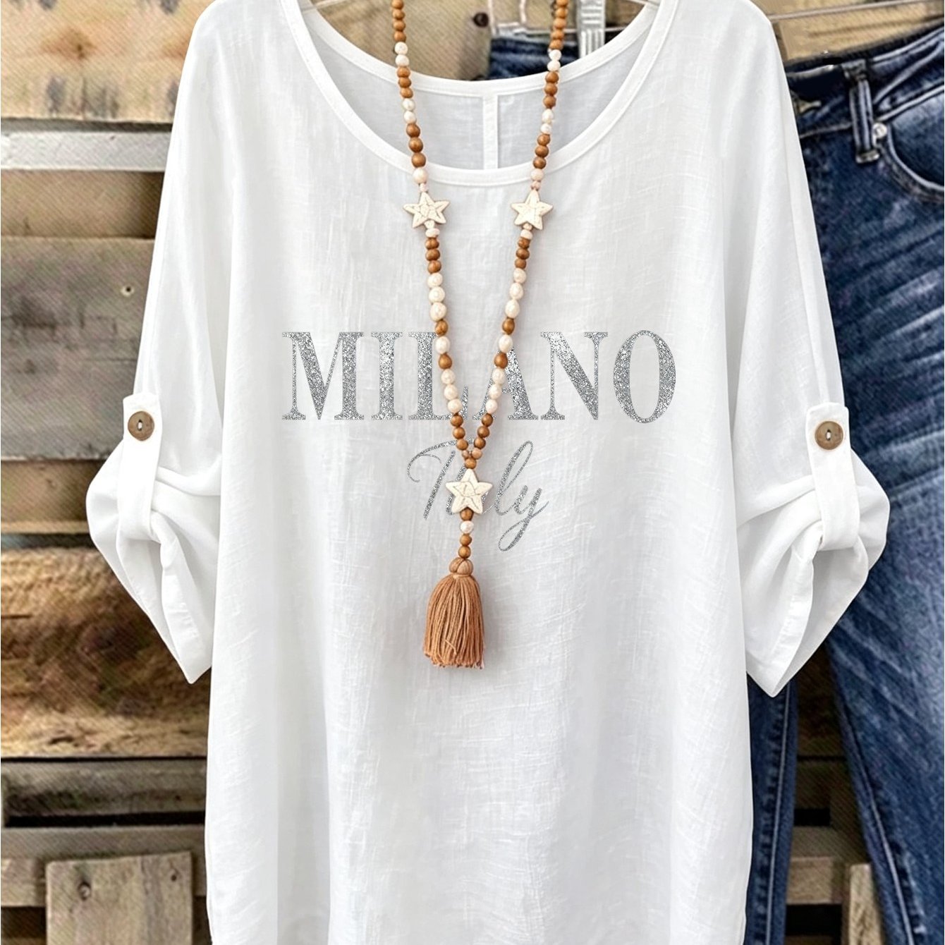 TEMU Women's Letter Print Top, Round Neck Roll-up Three-quarter Sleeve Loose Fit Casual Shirt, Everyday Casual Blouse