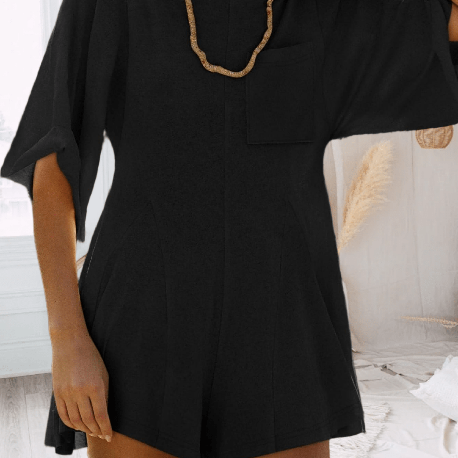 Image of Women's Rompers Summer Outfits Crew Neck Short Sleeve Slim Fit Jumpsuits With Pocket Casual Daily