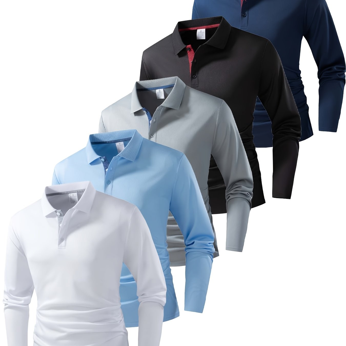 TEMU 5pcs Men's Long Sleeve Shirts, 150gsm Lightweight Quick-dry Breathable Golf Shirts, Contrast Collar T-shirt Men, Work Shirts, High-quality Golf