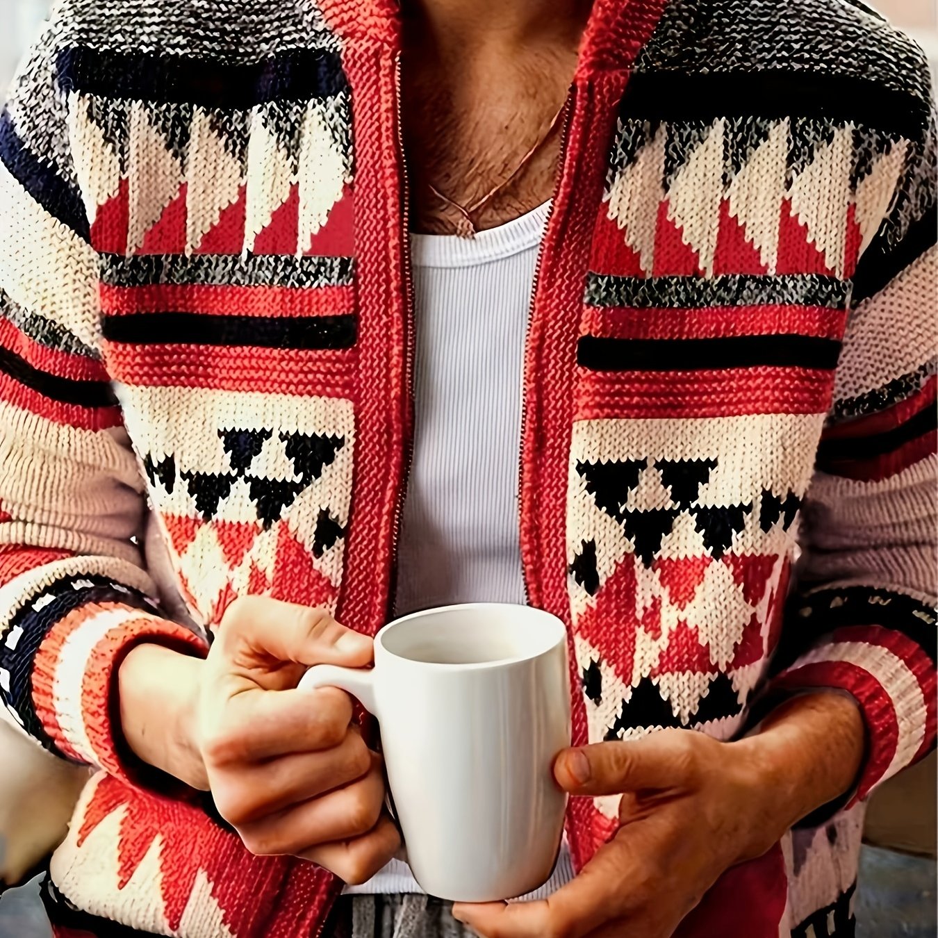Image of Men's Casual Sport Sweater, Zip-up Stand Collar Design With And Style, Palette Featuring Geometric Patterns In Unique Ethnic And Retro Aesthetic, Perfect For Autumn And Early Winter Wear