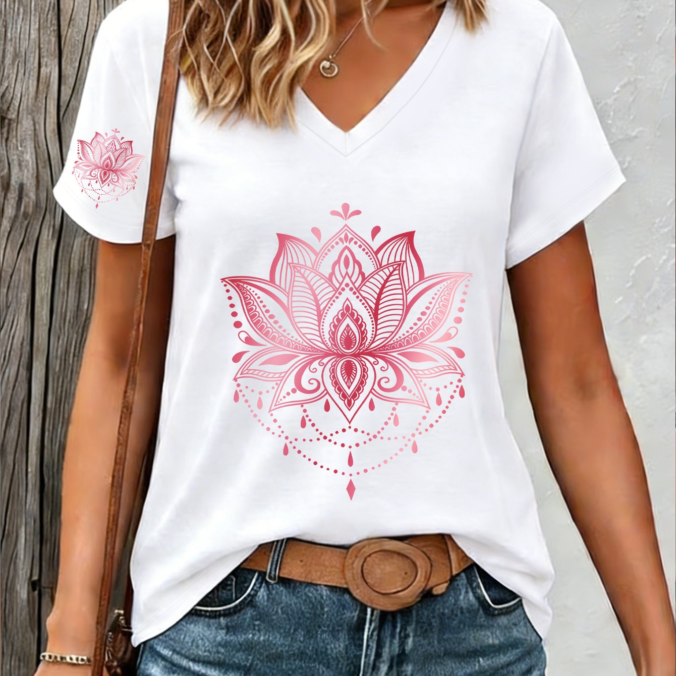 TEMU 1pc Pink For Lotus Mandala Print New Y2k Style Single-sleeve Printed Women's Sportswear, Summer Elegant Comfortable Breathable V-neck Short