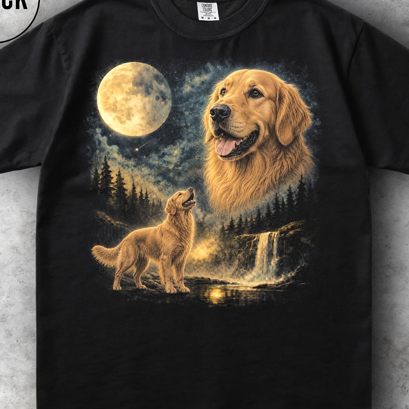 Image of Golden Retriever Moon Family Companion Vintage Forest Night Men T Shirt Crew Neck 180g Cotton Tee