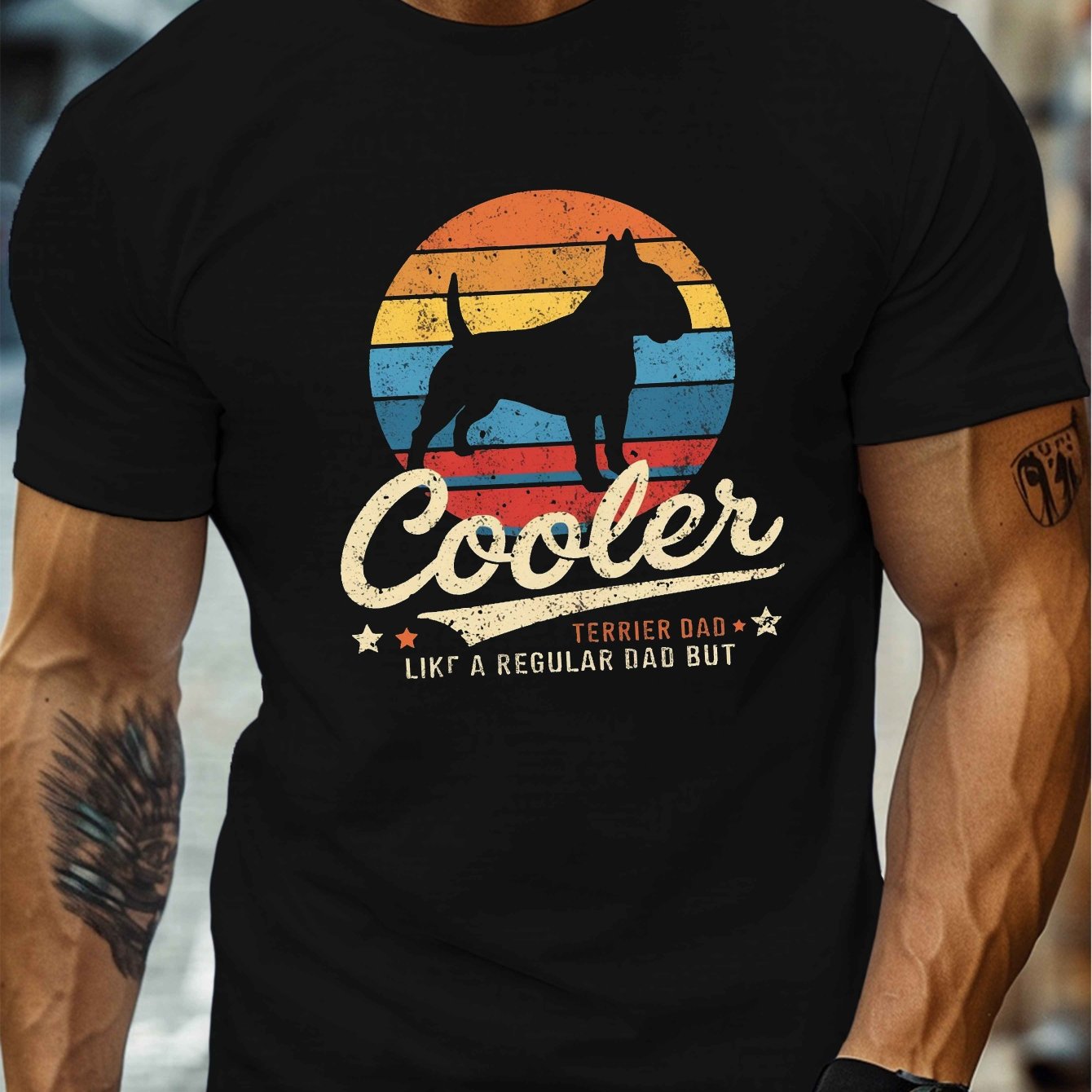 TEMU Cooler Bull Terrier Dad Print, Men's Round Crew Neck Short Sleeve Tee, Casual T-shirtcasual Comfy Lightweight Top For Summer