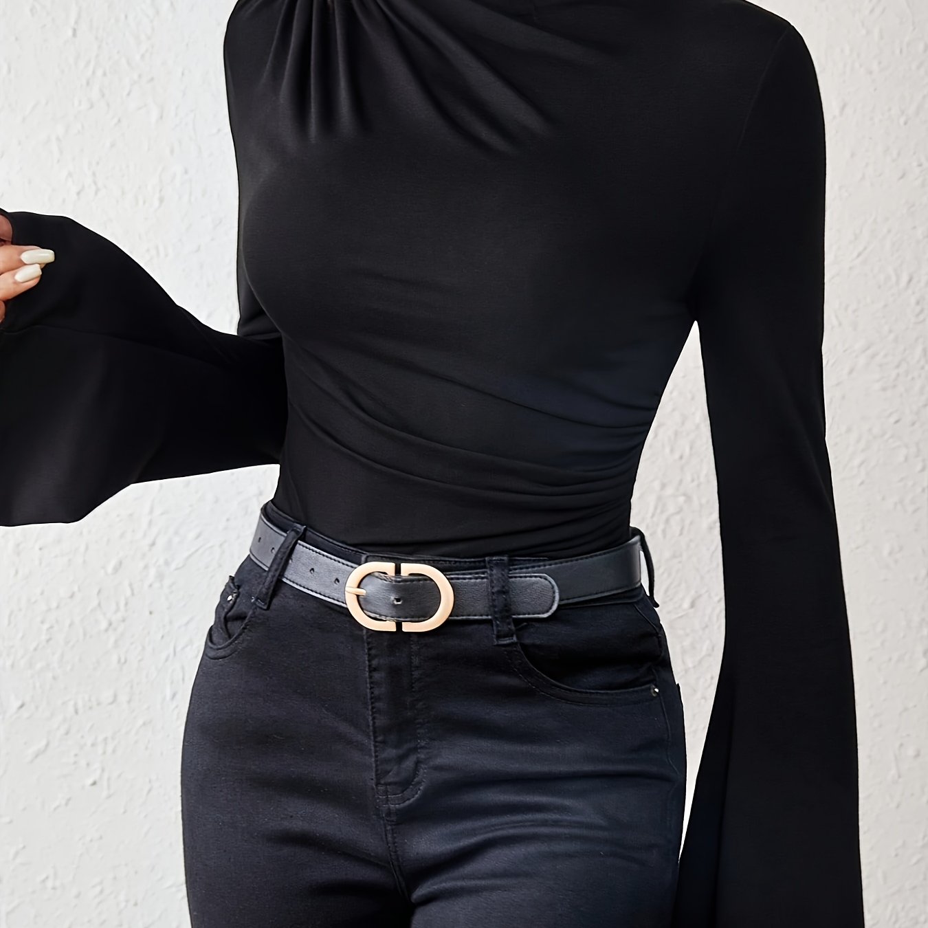 European And American Women's Elegant Solid Color High-elastic Pleated Slim-fit Long-sleeved T-shirt