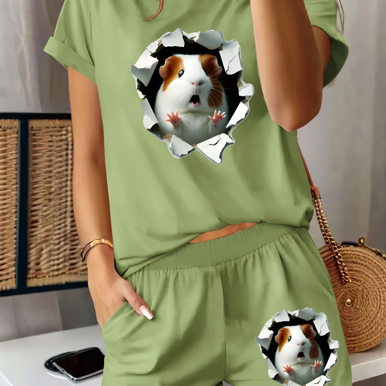 TEMU A Stylish And Comfortable Women'-piece Set Featuring A Round-neck Short-sleeve T-shirt And Pocket Shorts, Printed With A Guinea Pig A Wall. In