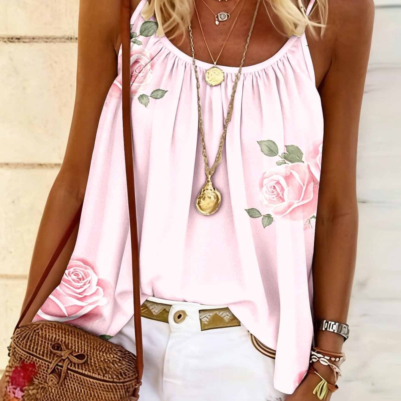 TEMU Ladies' Casual Printed Slim Shoulder Sleeveless Vest, Summer Beach Loose , Summer Fashionable Women's Clothing