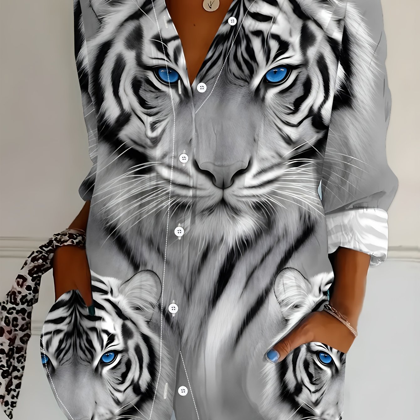 TEMU Plus Size Women's Long Sleeve Shirt, Tiger Print Style, Loose Printed Shirt, Elements, Mid-length Women's Long Sleeve Collared Shirt,
