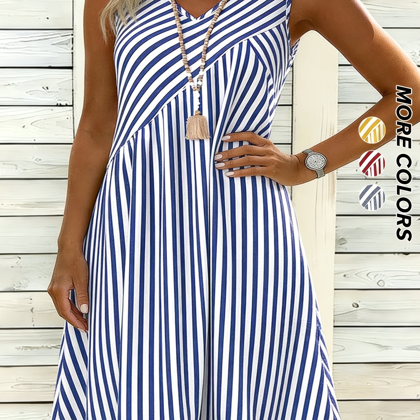 TEMU Plus Size - Plus Size Women's Casual Blue White Stripe V-neck Sleeveless Dress, Casual Loose Summer Dresses For Beach Vacation, Daily & Picnic