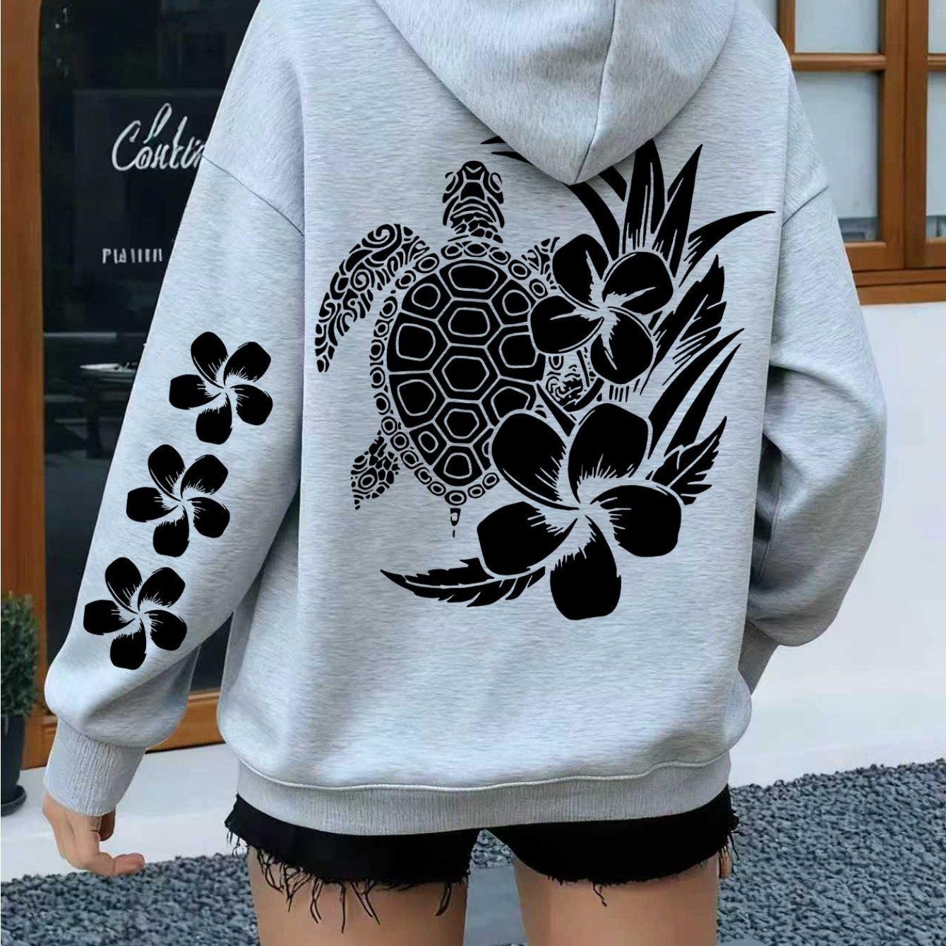 Image of A Turtle And Floral Pattern Theme Design Trendy Sweatshirt Woman's Hoodie High Quality Thick Sweatshirt Autumn Winter Casual Wear Gift For
