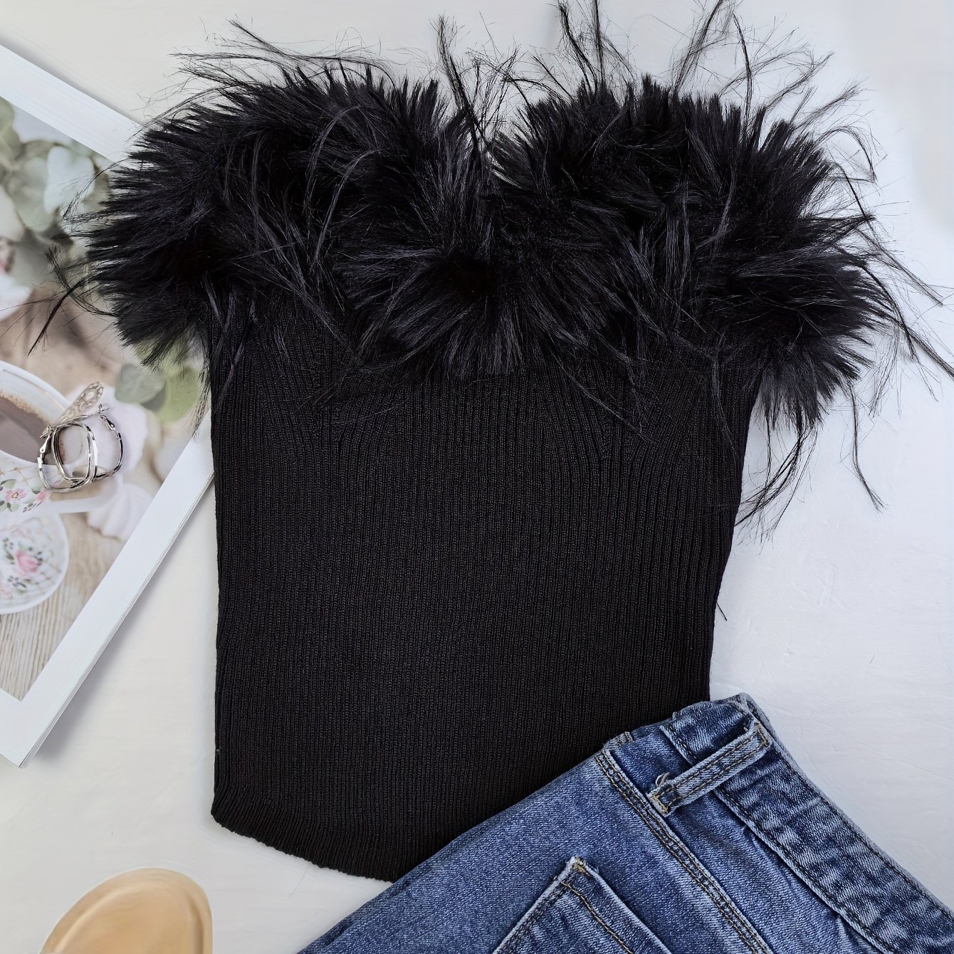 TEMU Fuzzy Neck Top, Sexy Slim Top For Summer, Women's Clothing