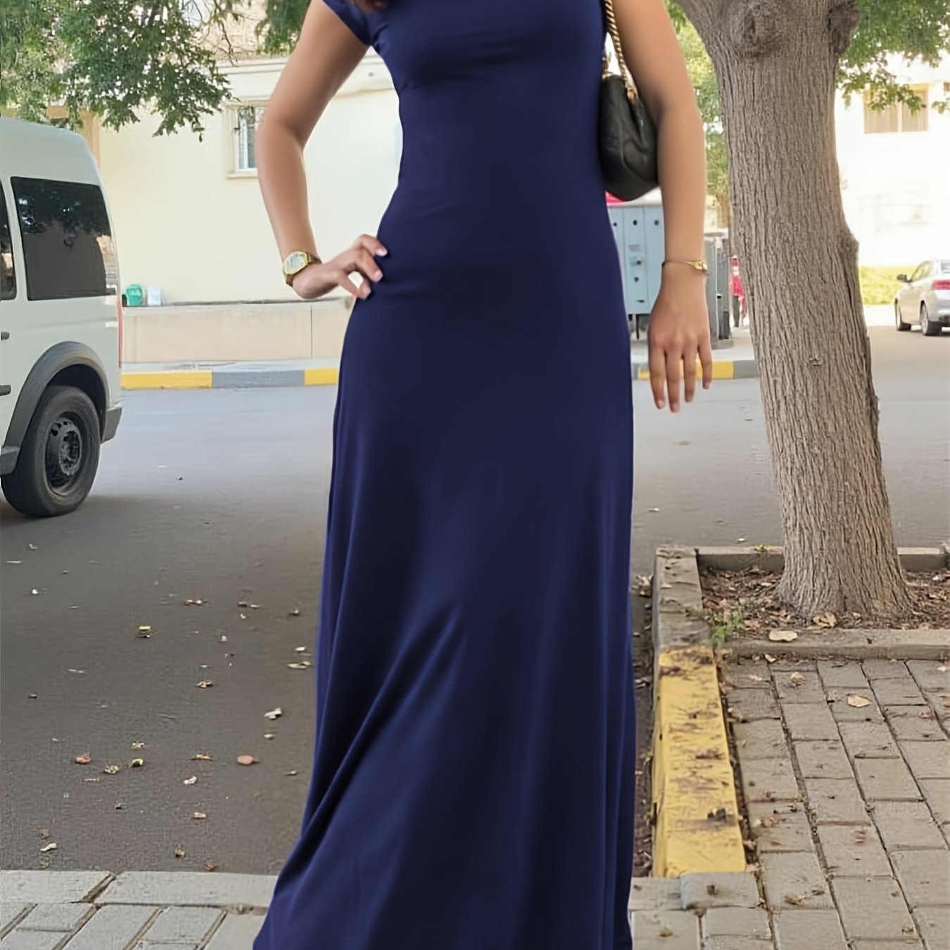 TEMU Summer A-line Hem Long Skirt, Women' Color Round Neck Elegant Party Long Dress, Slim Long Skirt