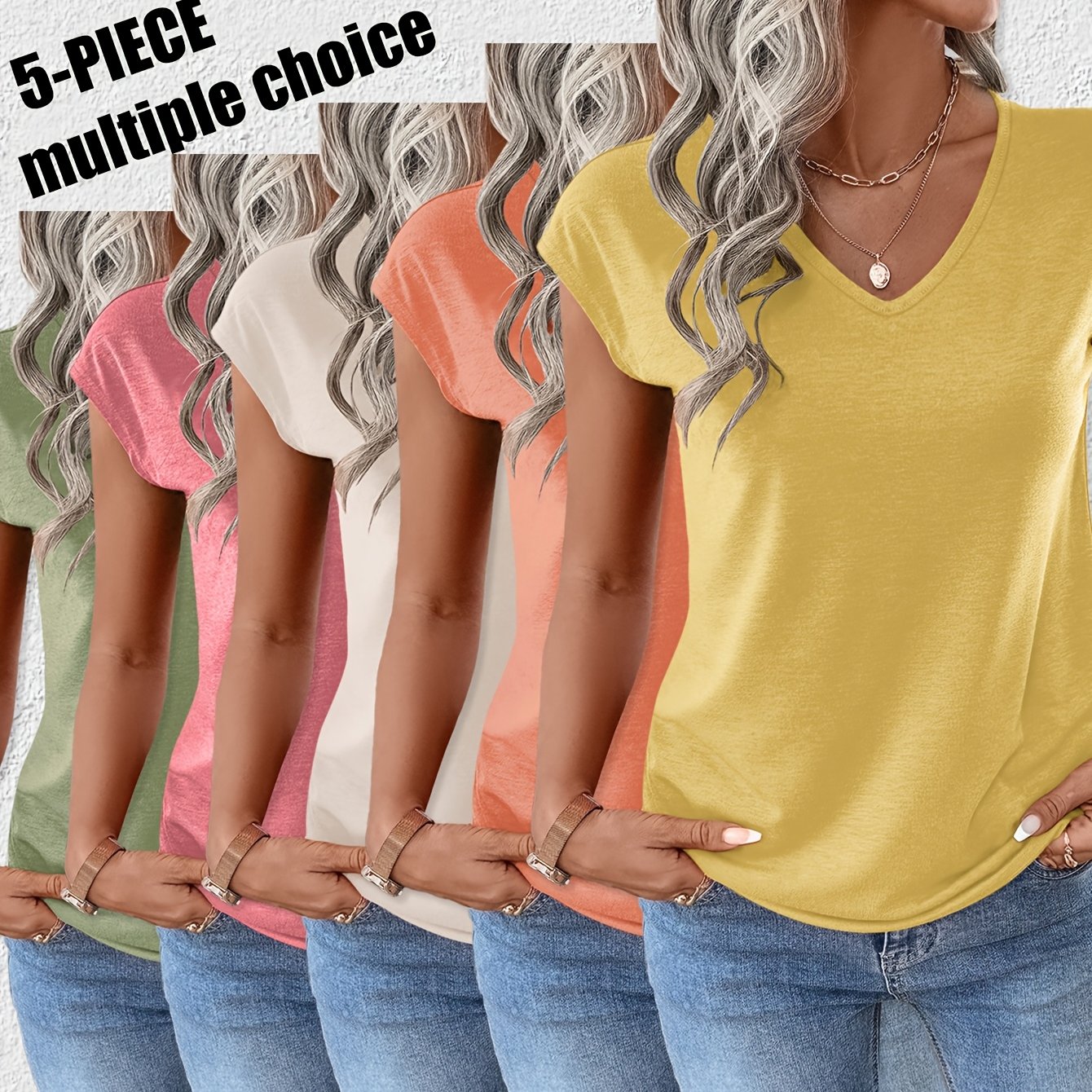 TEMU Set Of 5 - New Summer Casual Fashion Solid Color Cap Sleeve V-neck T-shirt Set Of 5 A45 Set Of 5