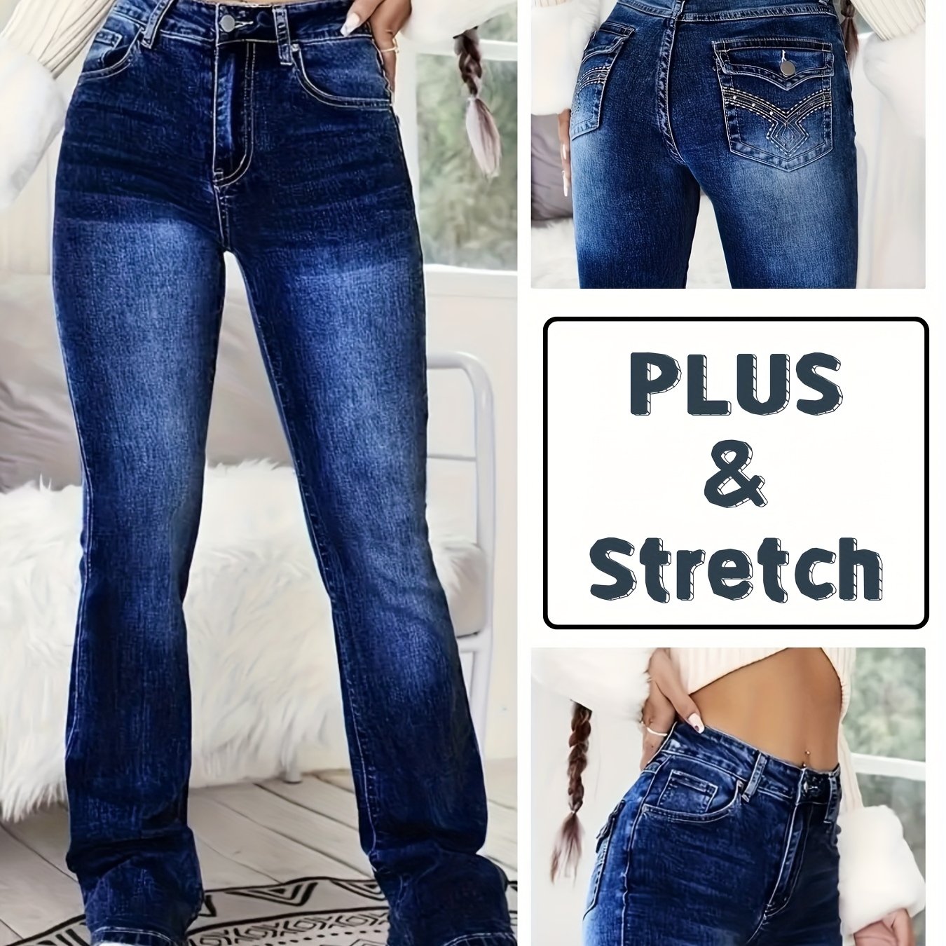 Xl8008-&;s High Waist Ripped Jeans, Embroidered Pocket, Elastic Fabric, Polyester, , High Waist, Zipper Closed, Tall Casual Outerwear