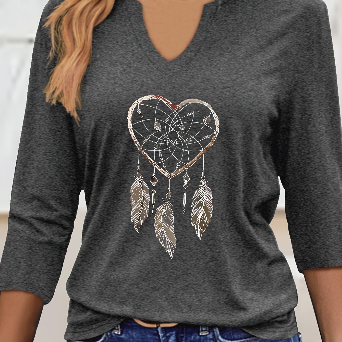 TEMU Graphic Print T-shirt, V-neck Three-quarter Sleeve T-shirt, Elegant Solid Color Top For Spring And Summer, Women's Wear