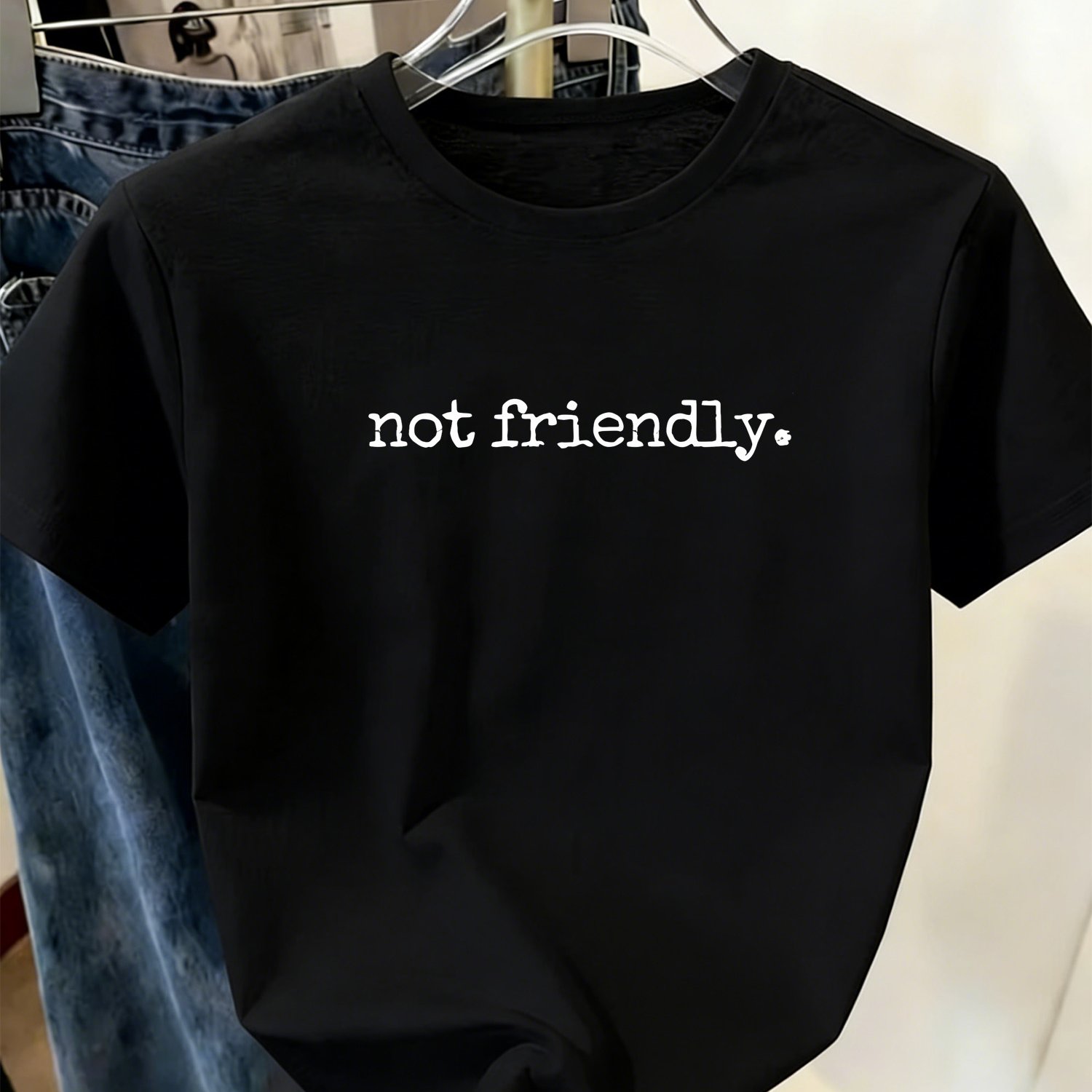 TEMU Women's Easy Individual Text, "not Friendly." Minimalist Elegant Loose T-shirt Soft Breathable Round Neck Design Daily Casual Vacation Essential