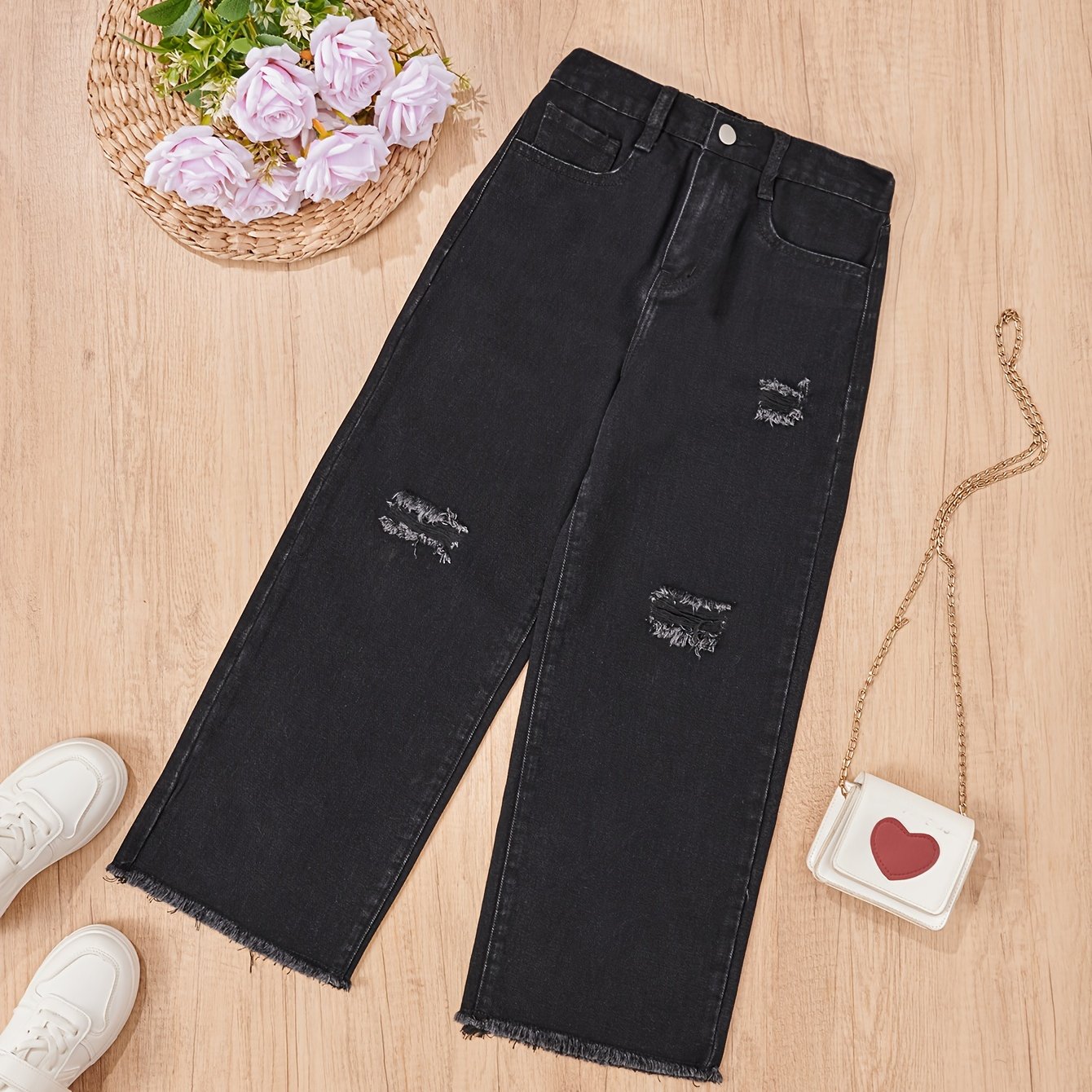 Kids Girls Ripped Jeans Wide Leg Denim Pants Loose Casual Trouser Daily Wear